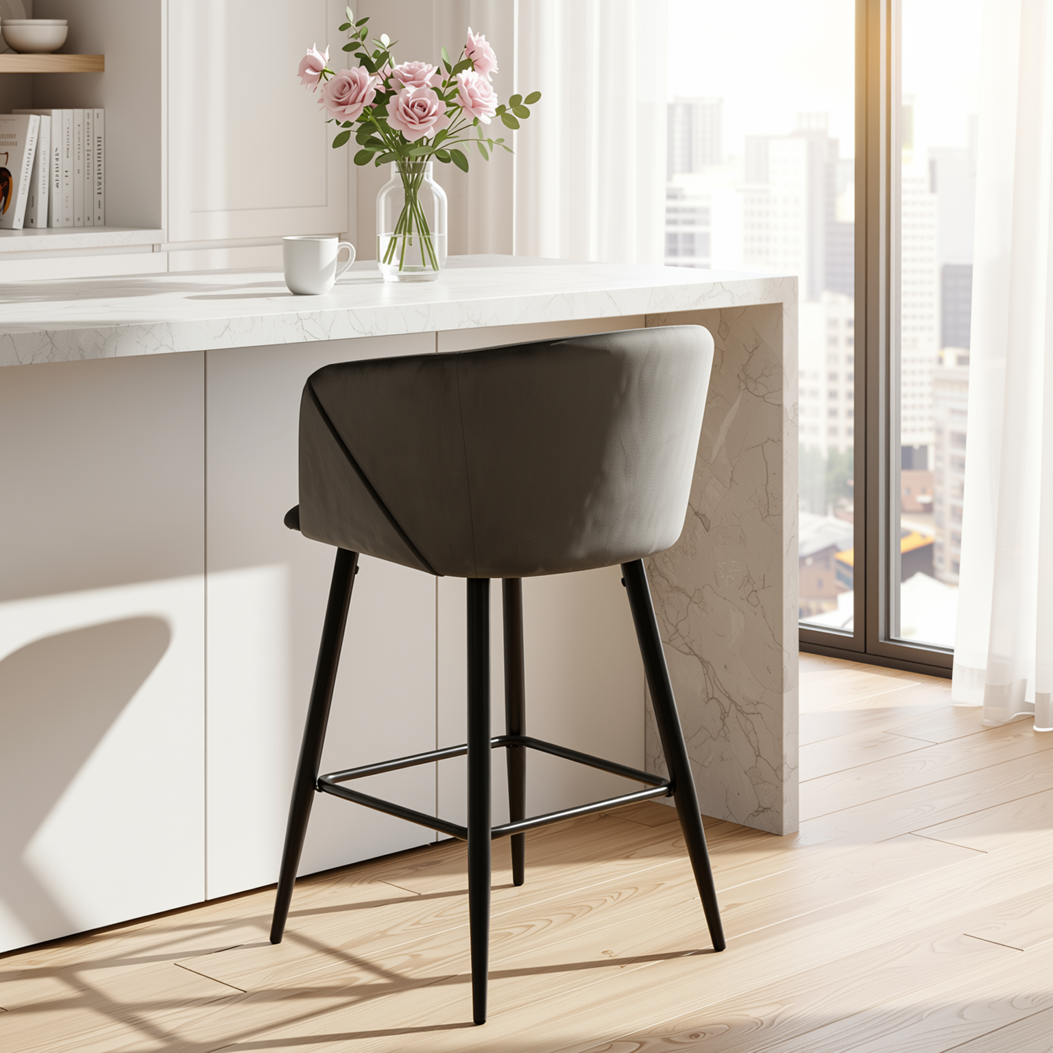 Homy Casa Aldridge Grey 2PC 26" Velvet Upholstered Counter Stools, Open Box