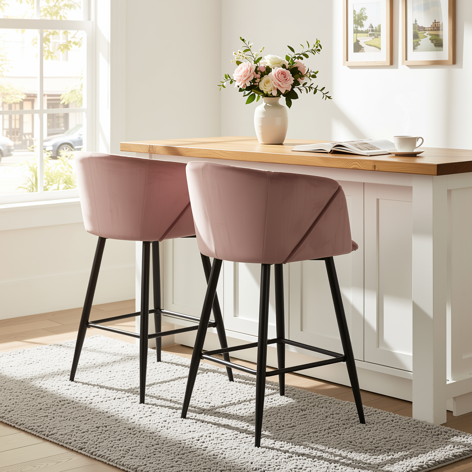 Homy Casa Aldridge Rose 2PC 26" Velvet Upholstered Counter Stools, Open Box