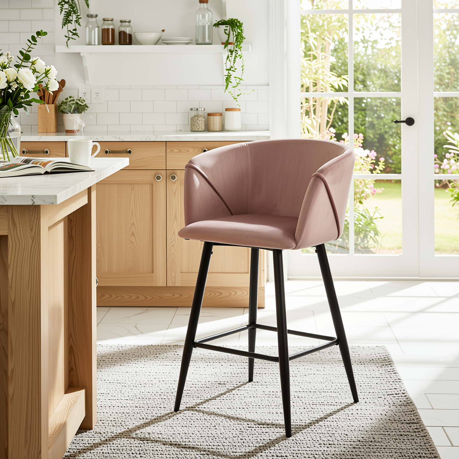 Homy Casa Aldridge Rose 2PC 26" Velvet Upholstered Counter Stools, Open Box
