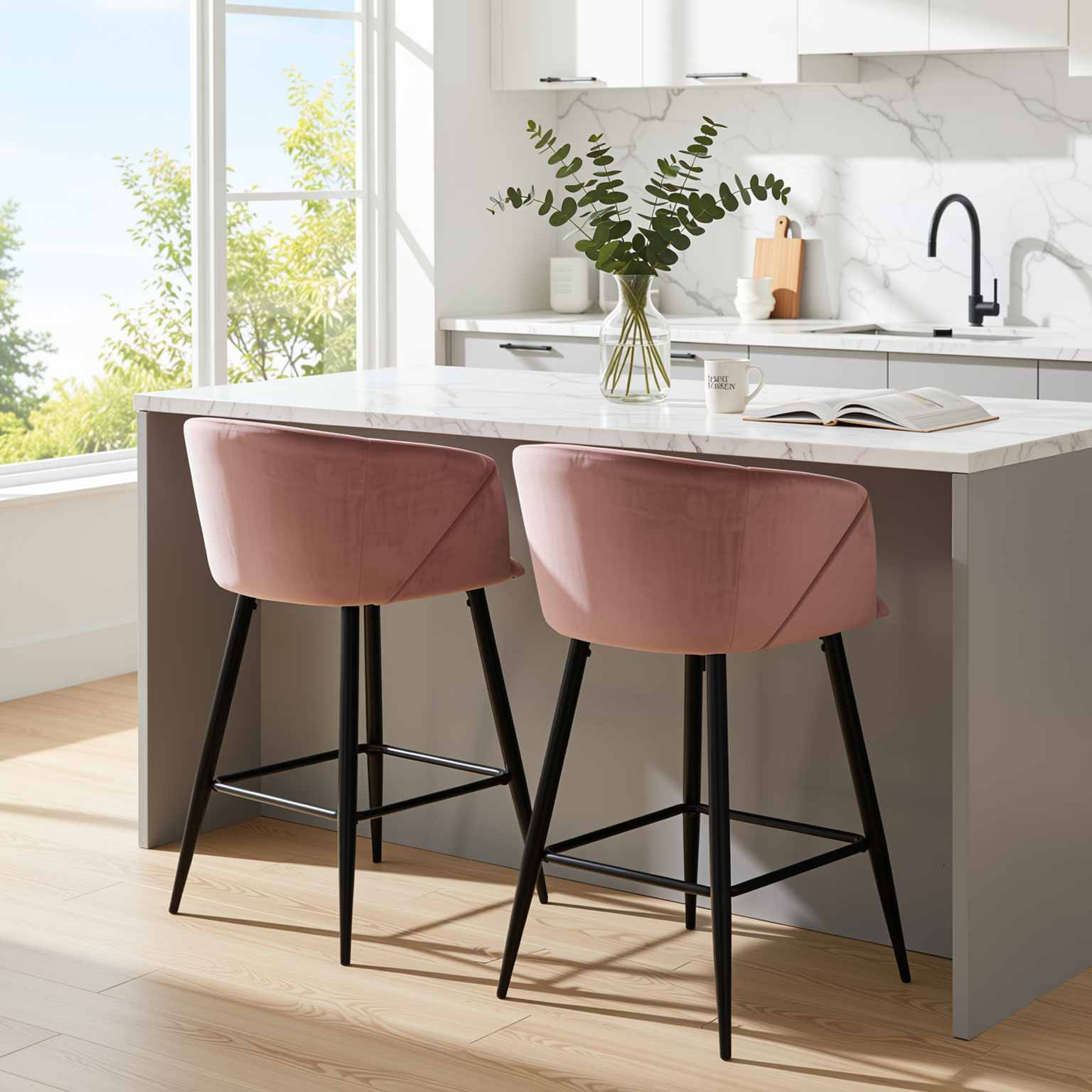 Homy Casa Aldridge Rose 2PC 26" Velvet Upholstered Counter Stools, Open Box