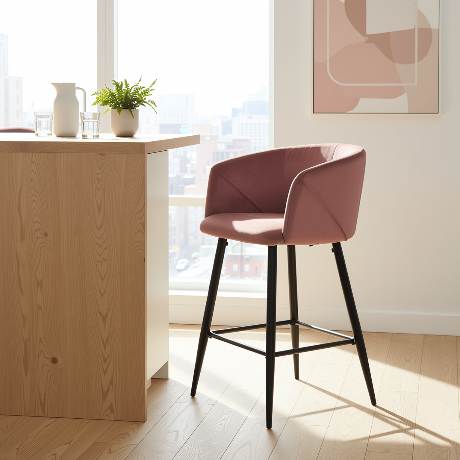 Homy Casa Aldridge Rose 2PC 26" Velvet Upholstered Counter Stools, Open Box