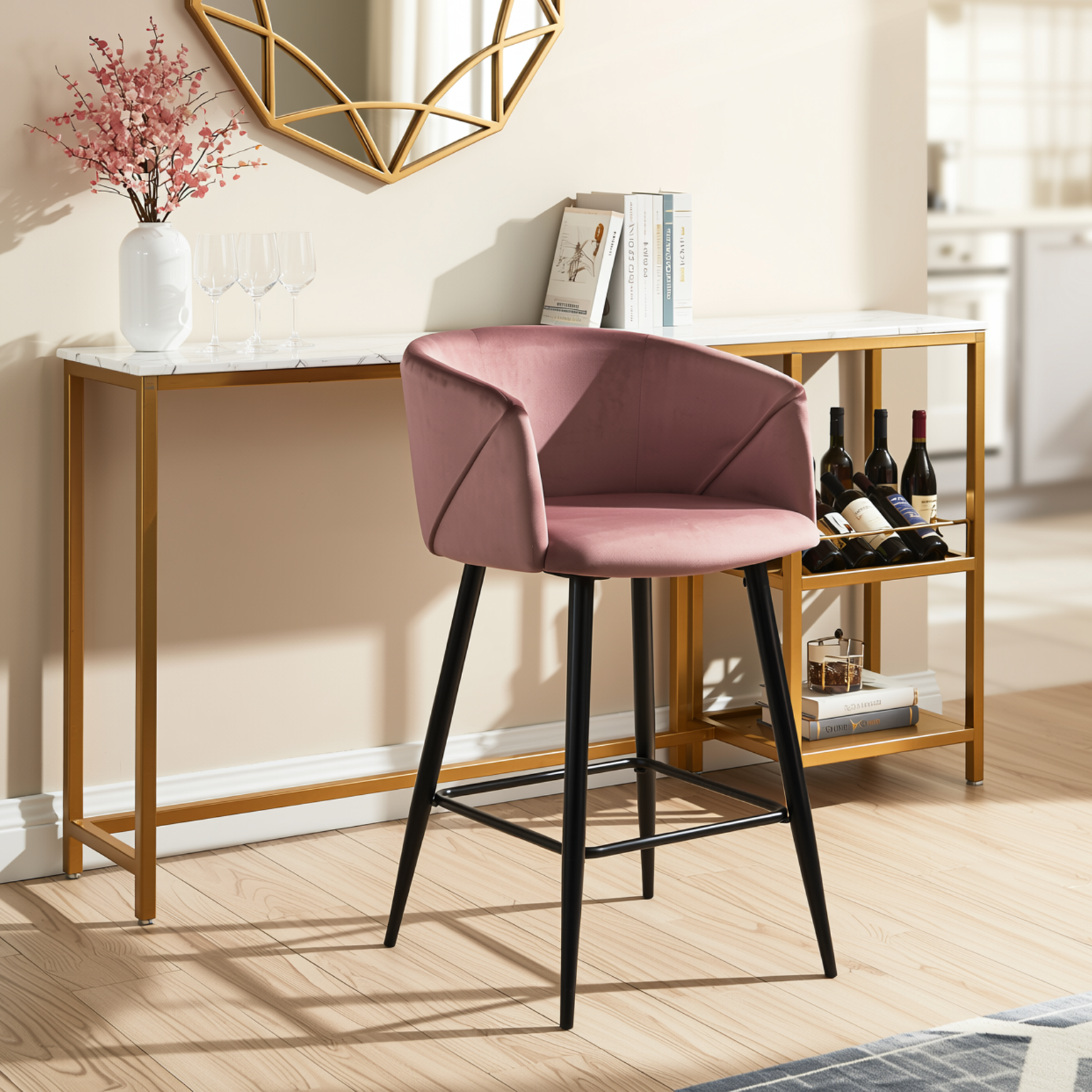 Homy Casa Aldridge Rose 2PC 26" Velvet Upholstered Counter Stools, Open Box