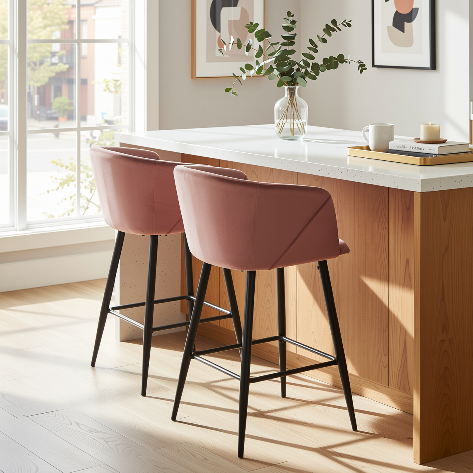 Homy Casa Aldridge Rose 2PC 26" Velvet Upholstered Counter Stools, Open Box