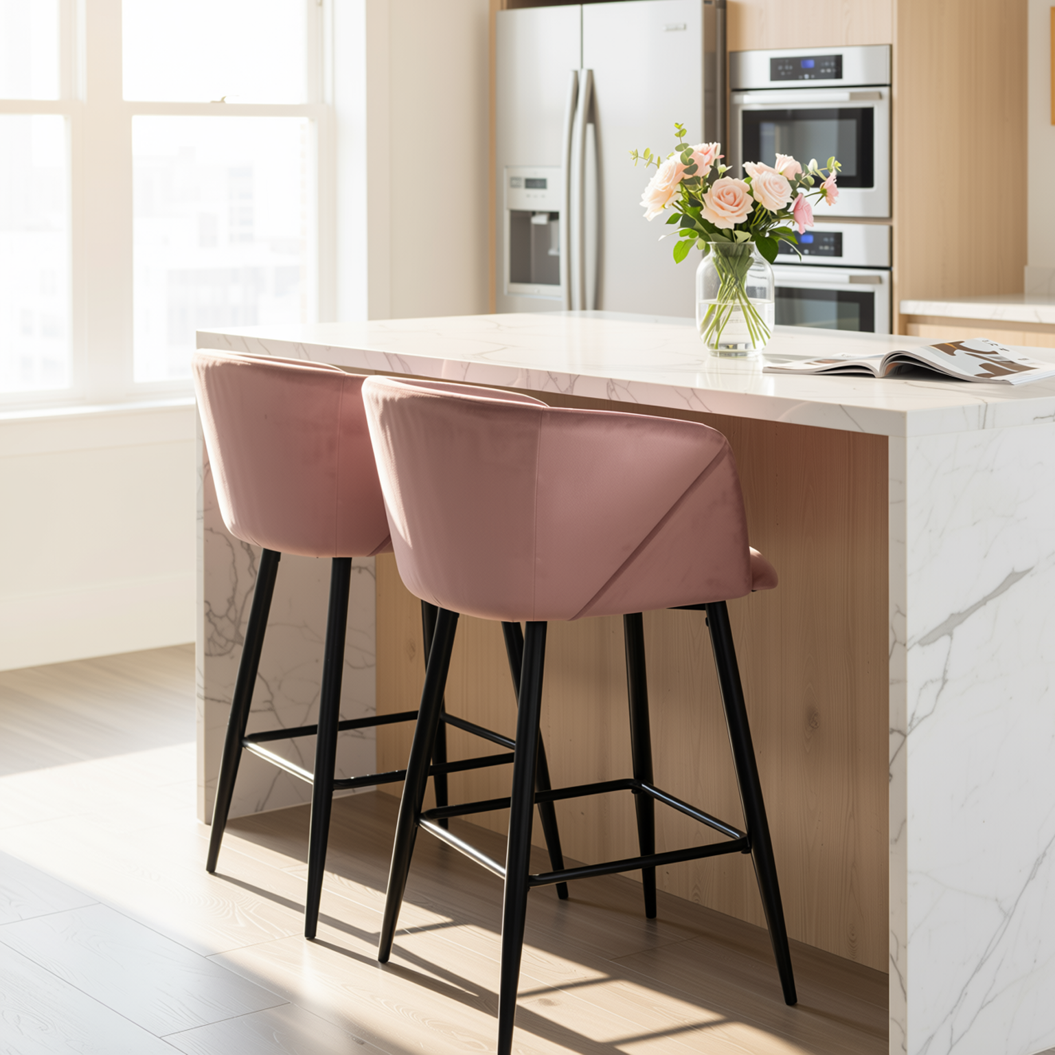 Homy Casa Aldridge Rose 2PC 26" Velvet Upholstered Counter Stools, Open Box