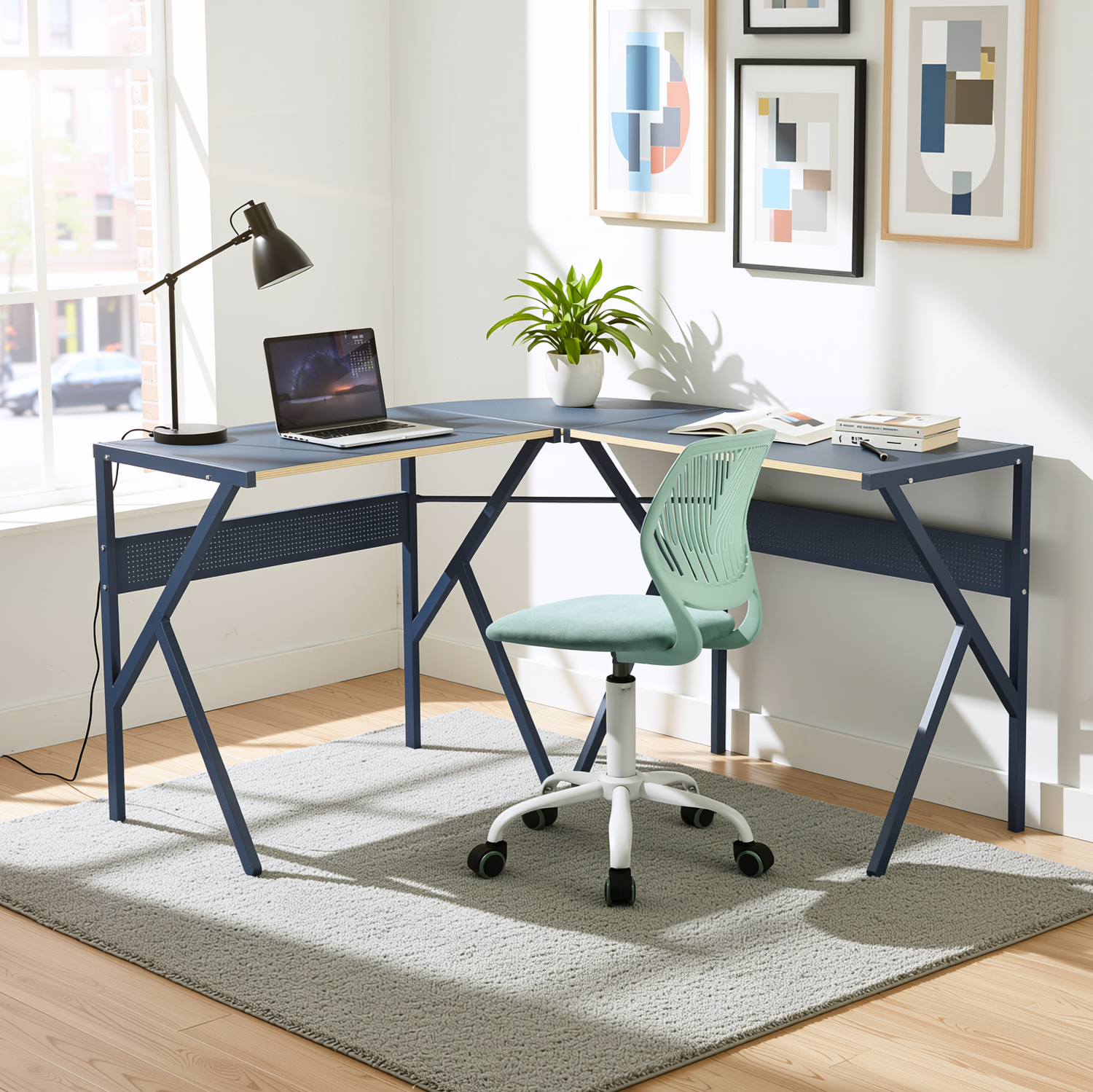 Alisson L-Shaped Corner Desk 30" Dual Worksurface with Geometric Steel Frame