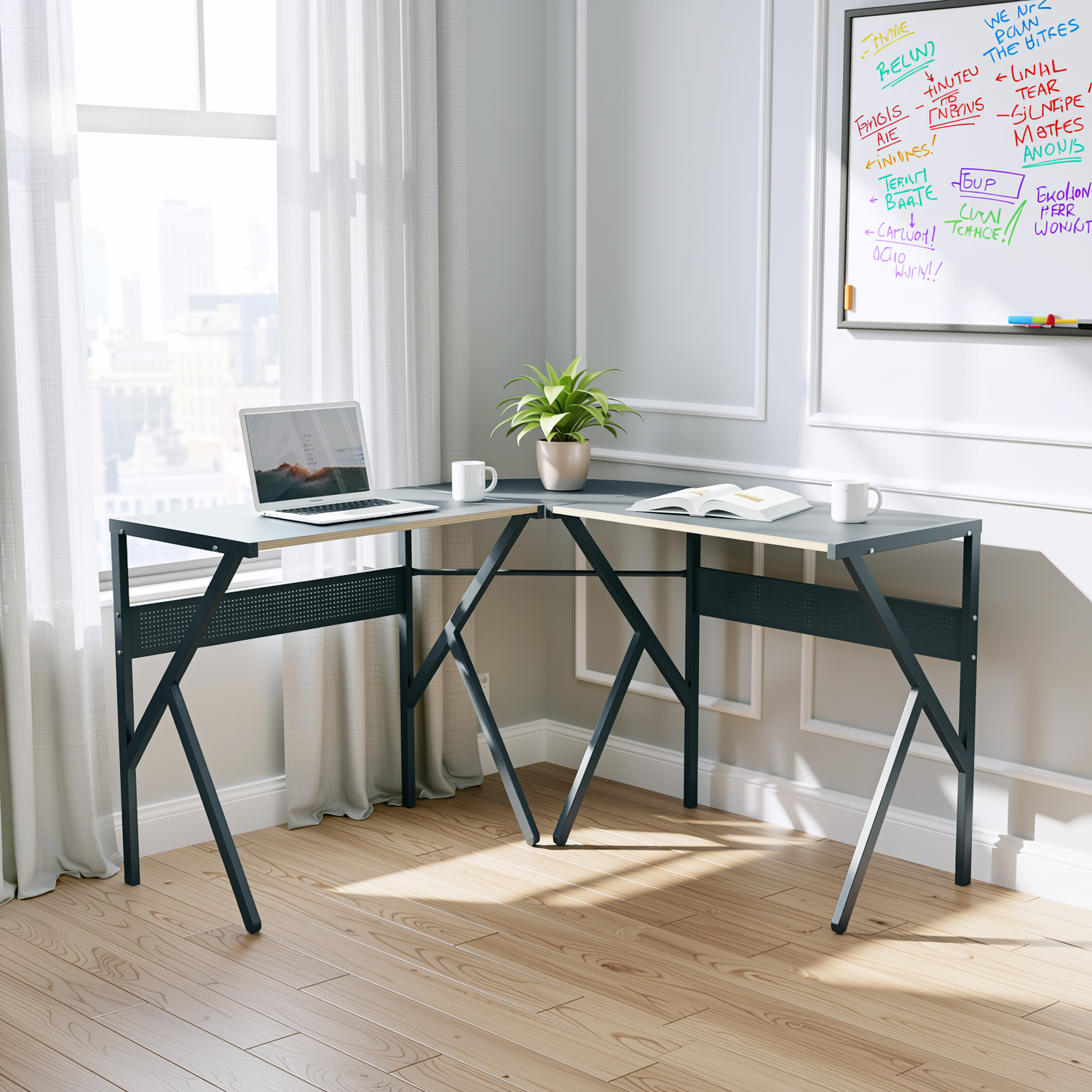 Alisson L-Shaped Corner Desk 30" Dual Worksurface with Geometric Steel Frame