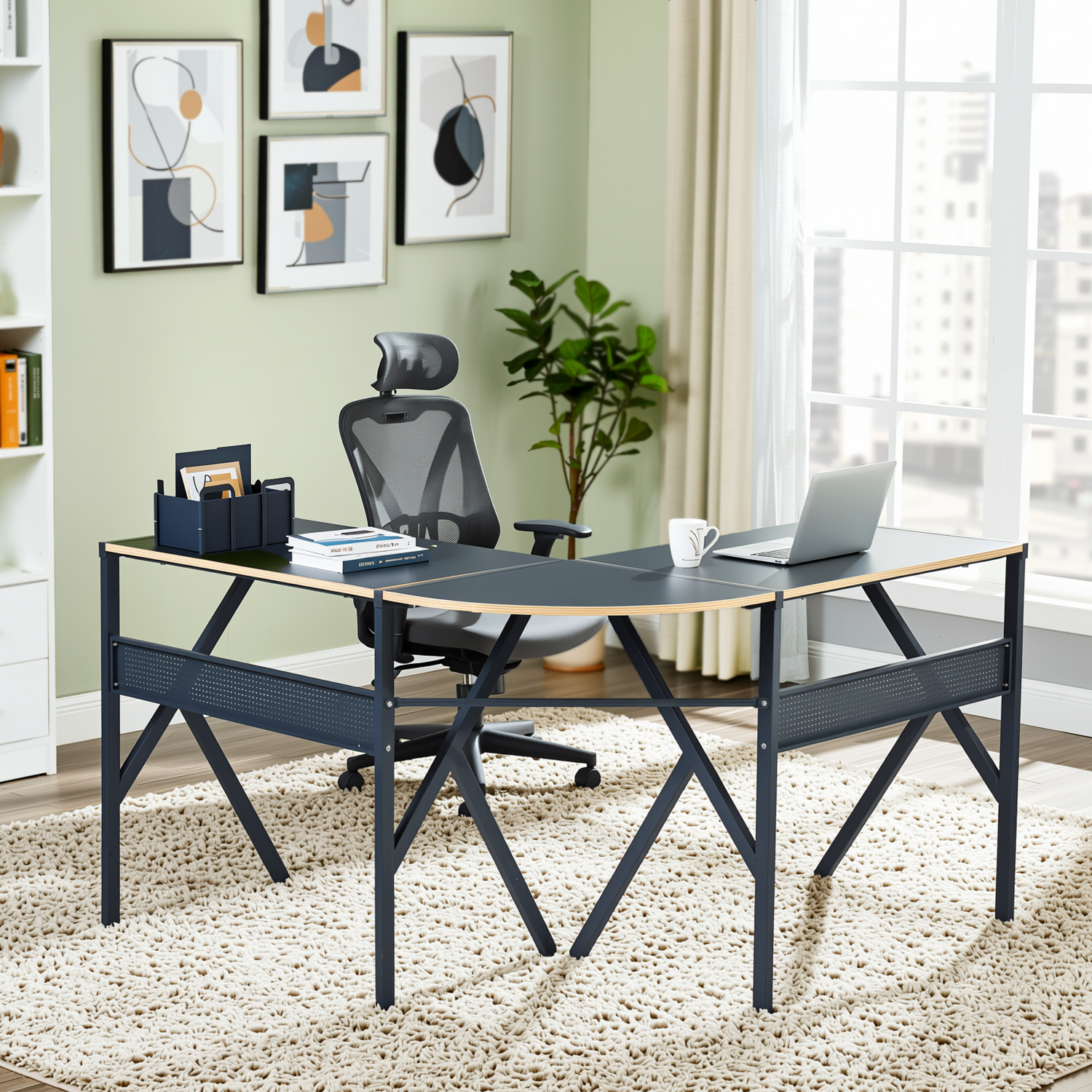 Alisson L-Shaped Corner Desk 30" Dual Worksurface with Geometric Steel Frame