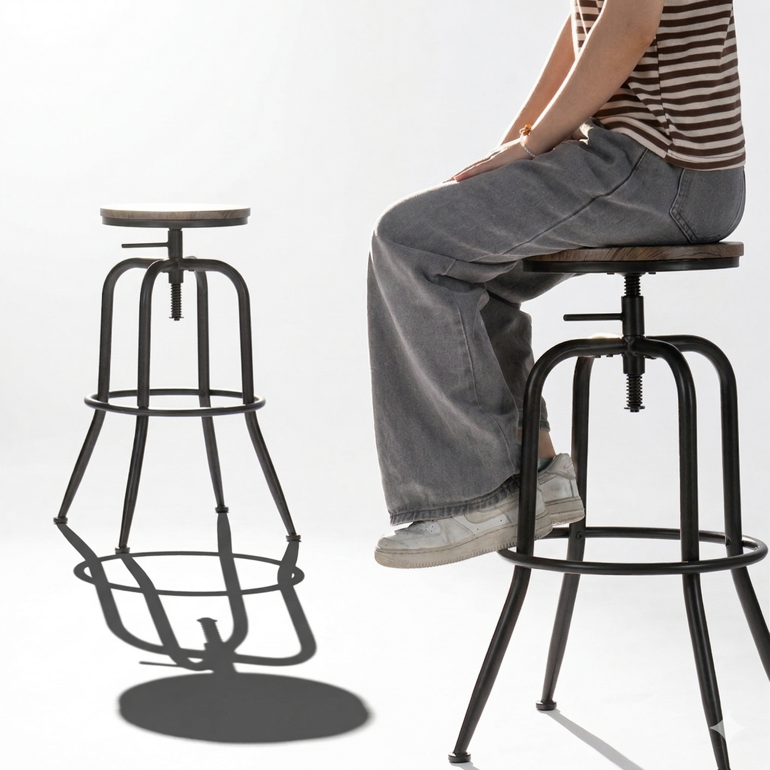 Anacletus Industrial Adjustable Bar Stools Set of 2 with Swivel Screw Lift Solid Wood Seat 27“ to 30” Height