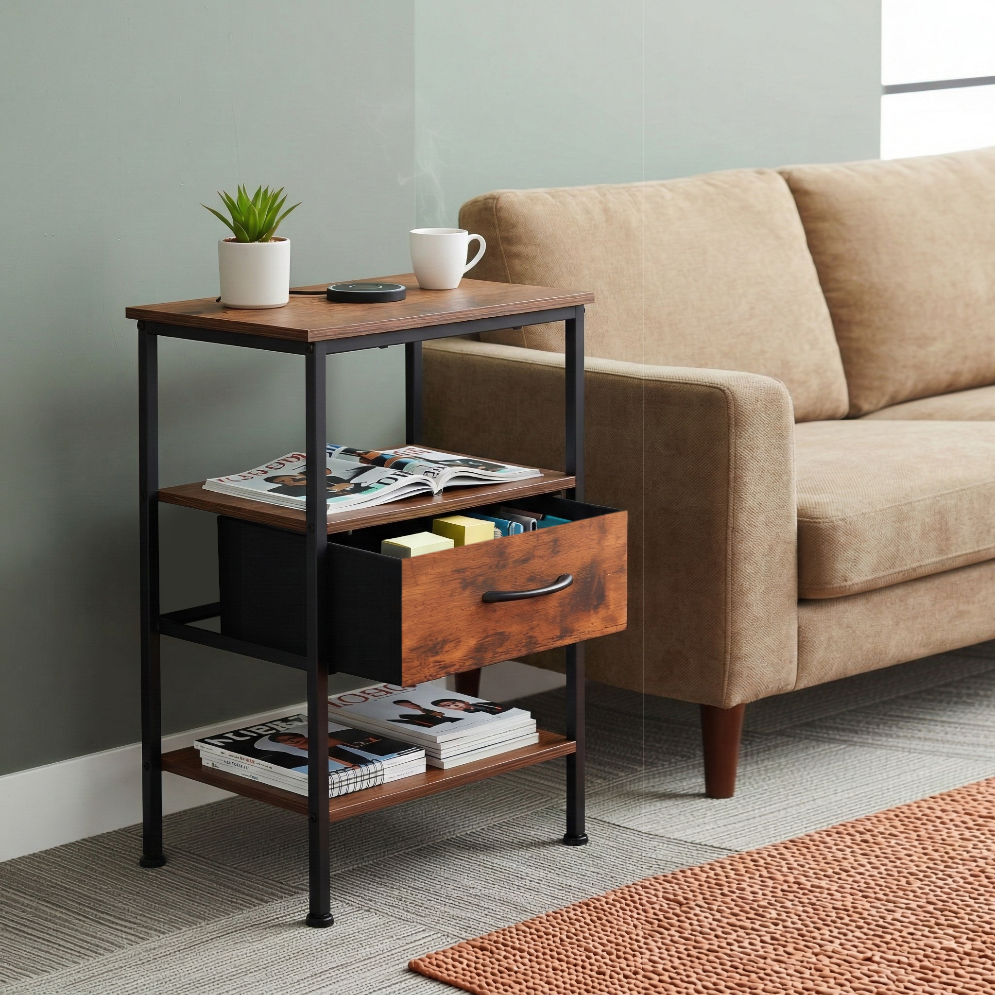 ANBY 2PC End Table Nightstand Storage Table with Drawer and Shelf