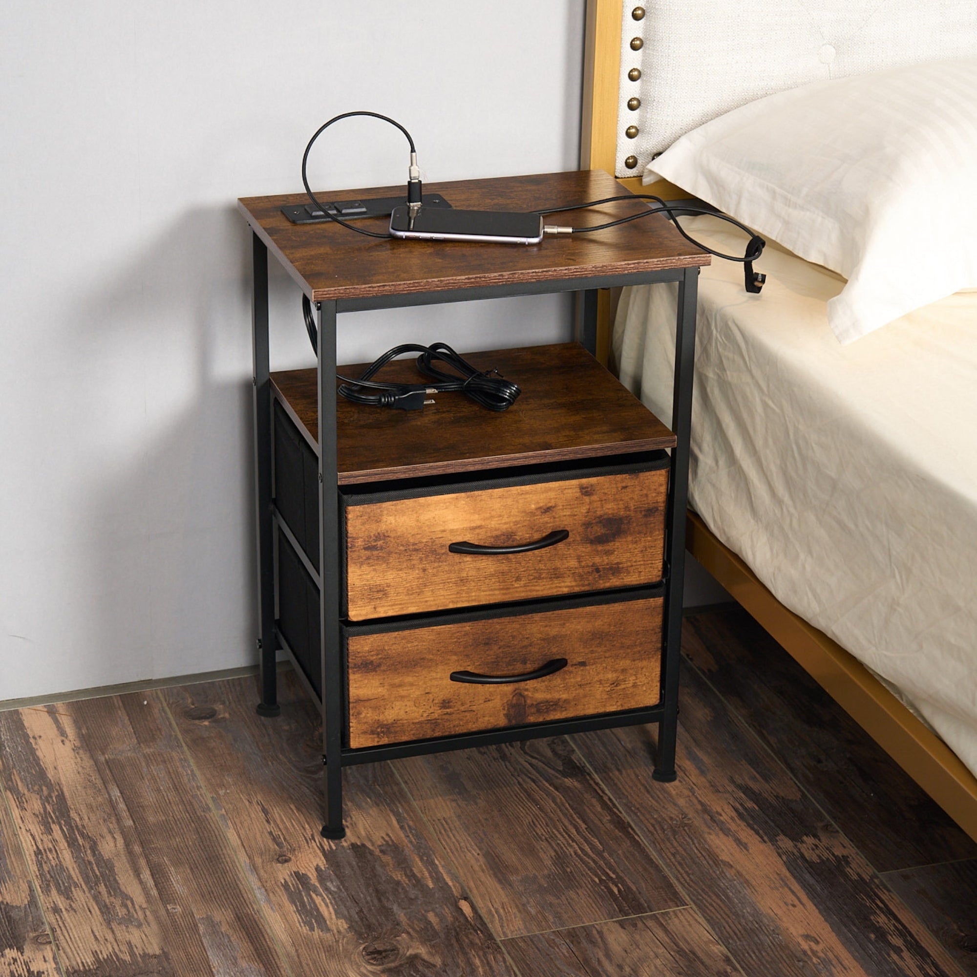 Homy Casa ANBY CRIMSON 2 Drawers Nightstand Bedside Table with Power Strip and USB Open Box
