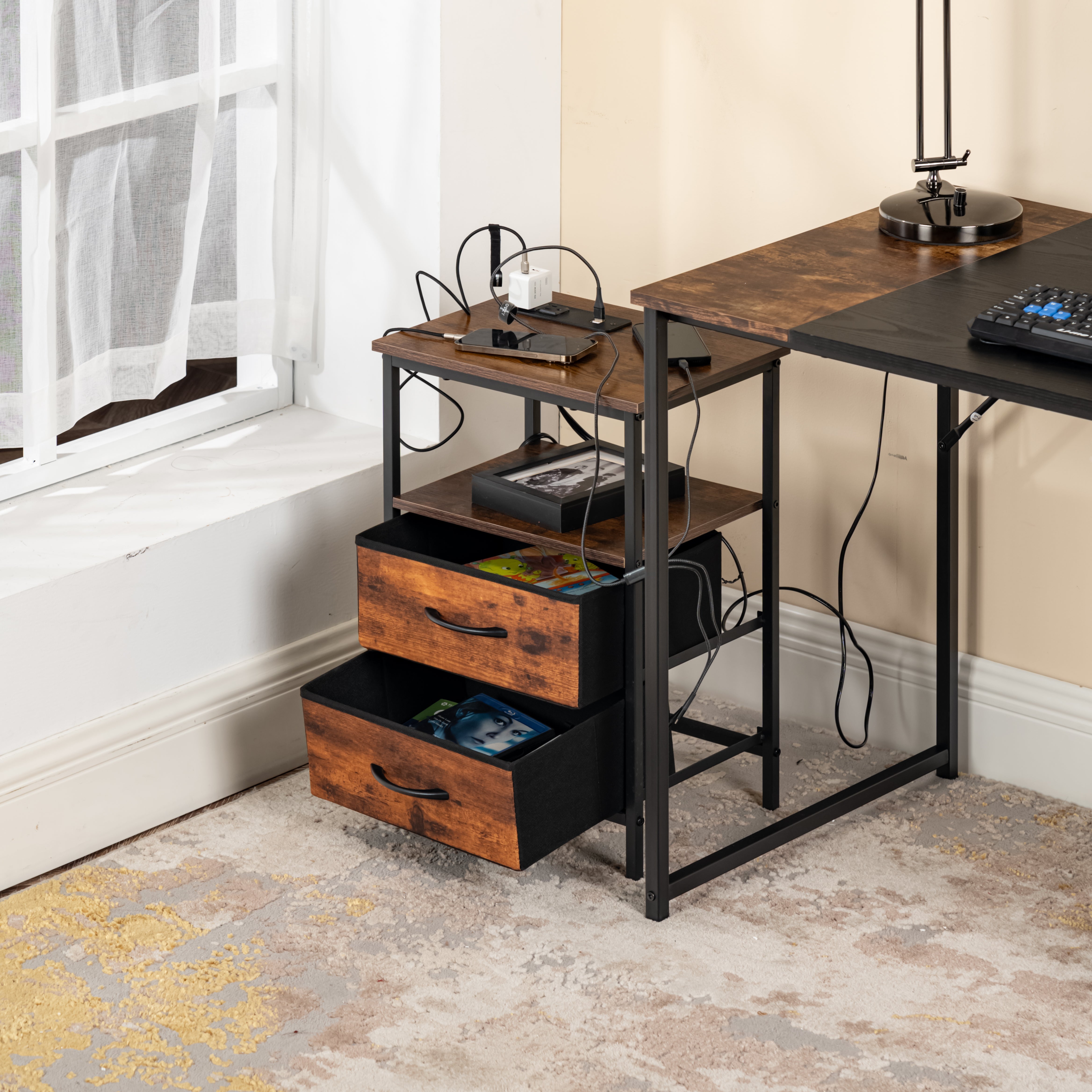 Homy Casa ANBY CRIMSON 2 Drawers Nightstand Bedside Table with Power Strip and USB Open Box