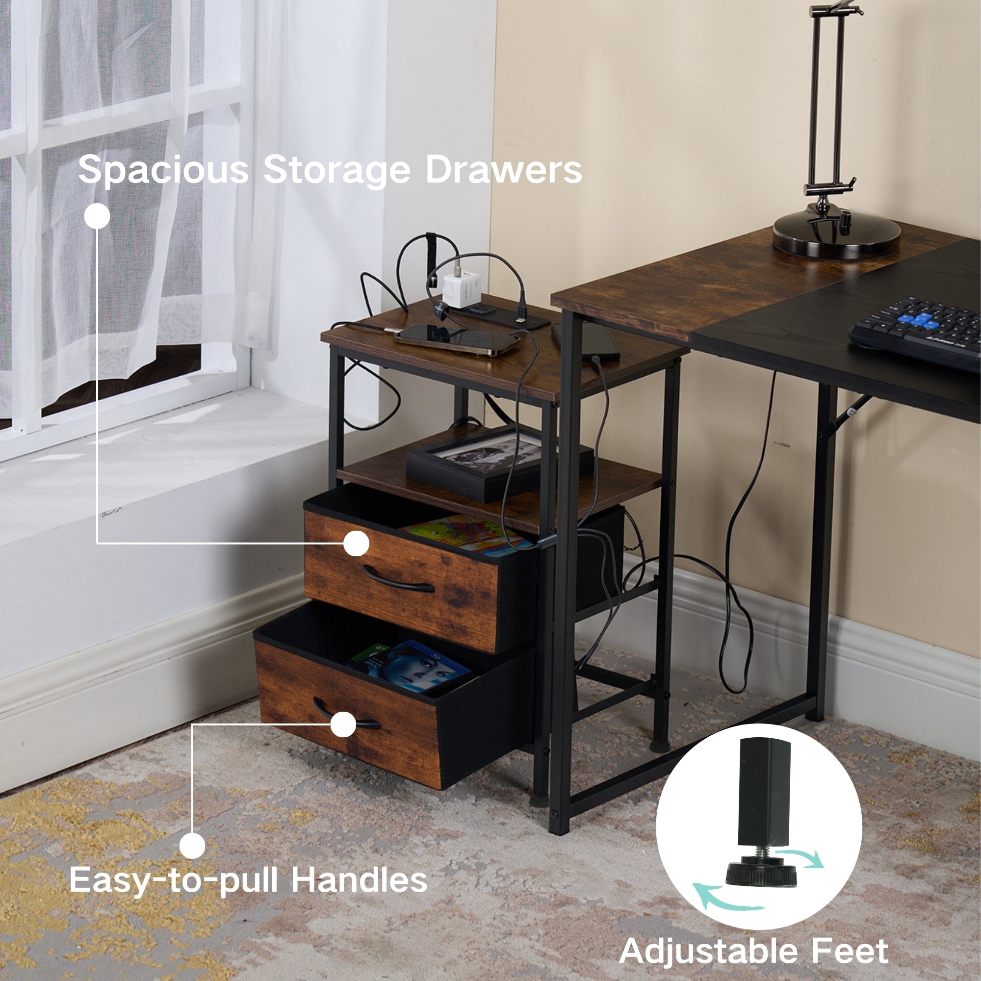 Homy Casa ANBY CRIMSON 2 Drawers Nightstand Bedside Table with Power Strip and USB Open Box