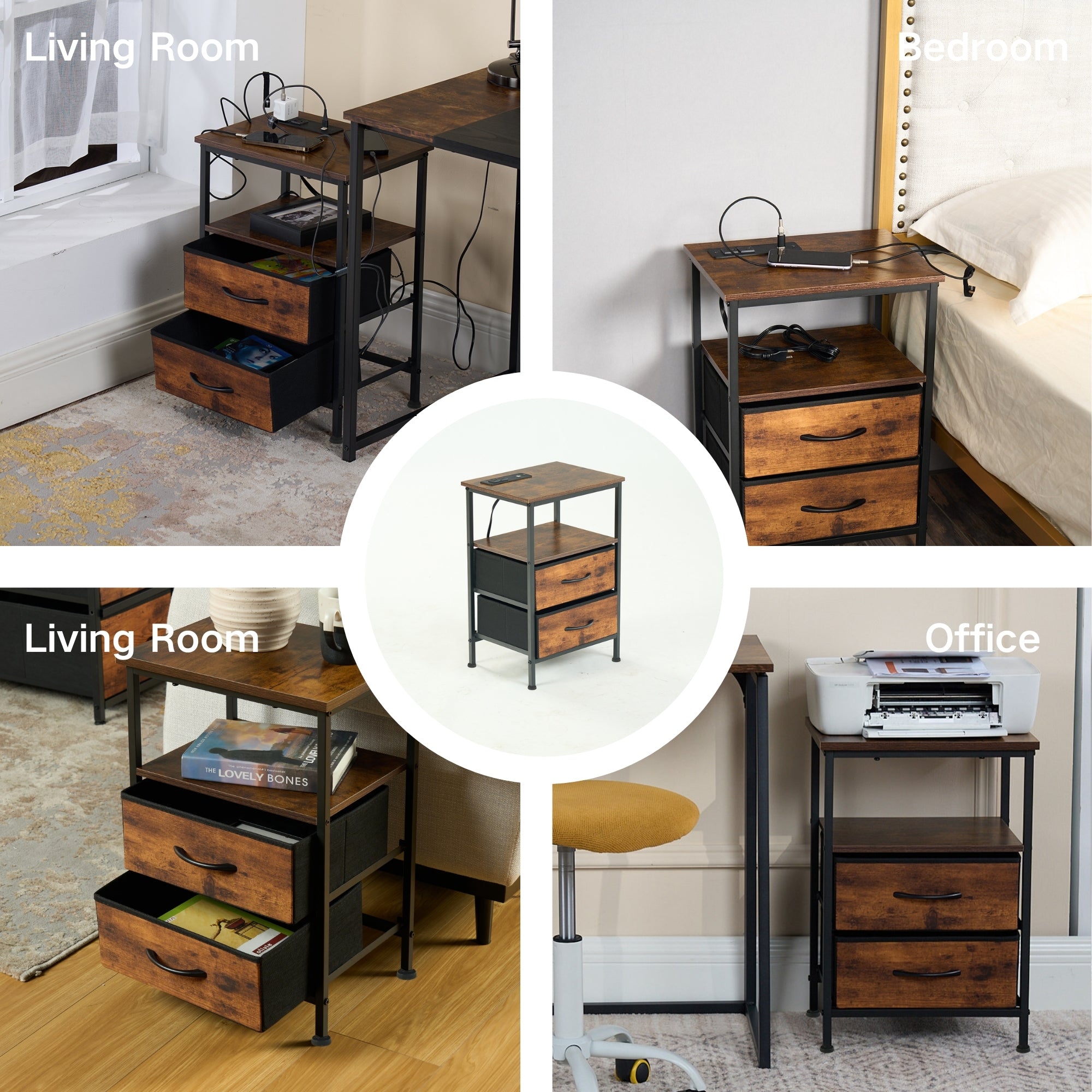 Homy Casa ANBY CRIMSON 2 Drawers Nightstand Bedside Table with Power Strip and USB Open Box