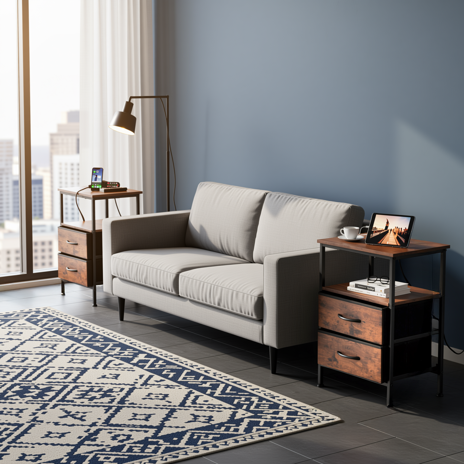 ANBY2 2PC Nightstand End Table USB Charging Port Storage Table with 2 Drawers and Shelf