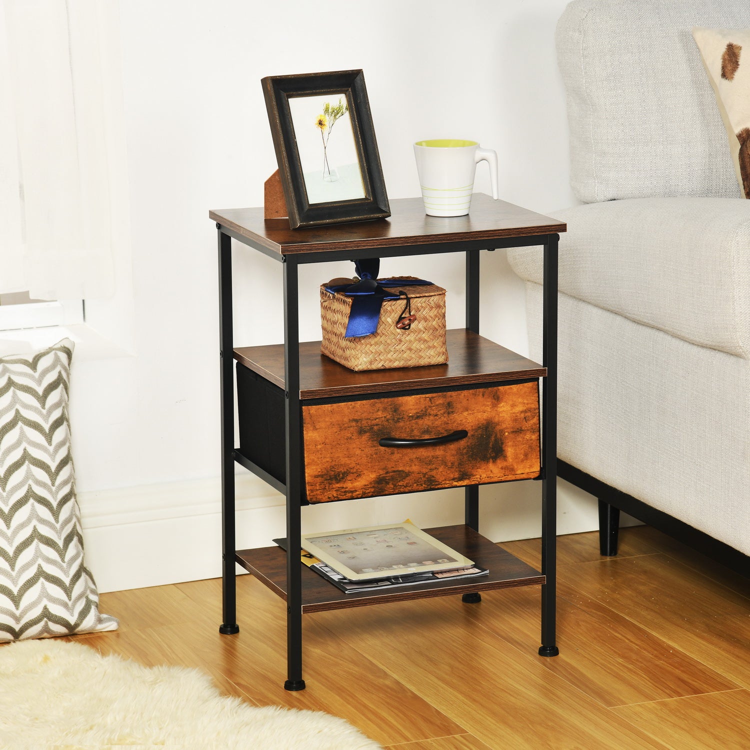 Homy Casa ANBY End Table Nightstand Storage Table with Drawer and Shelf Set of 2/4