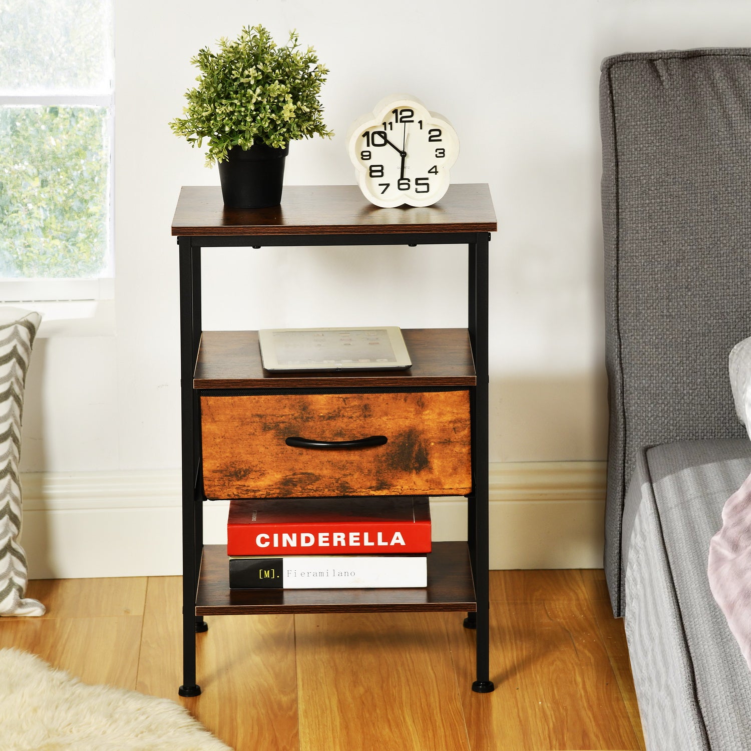 Homy Casa ANBY End Table Nightstand Storage Table with Drawer and Shelf Set of 2/4