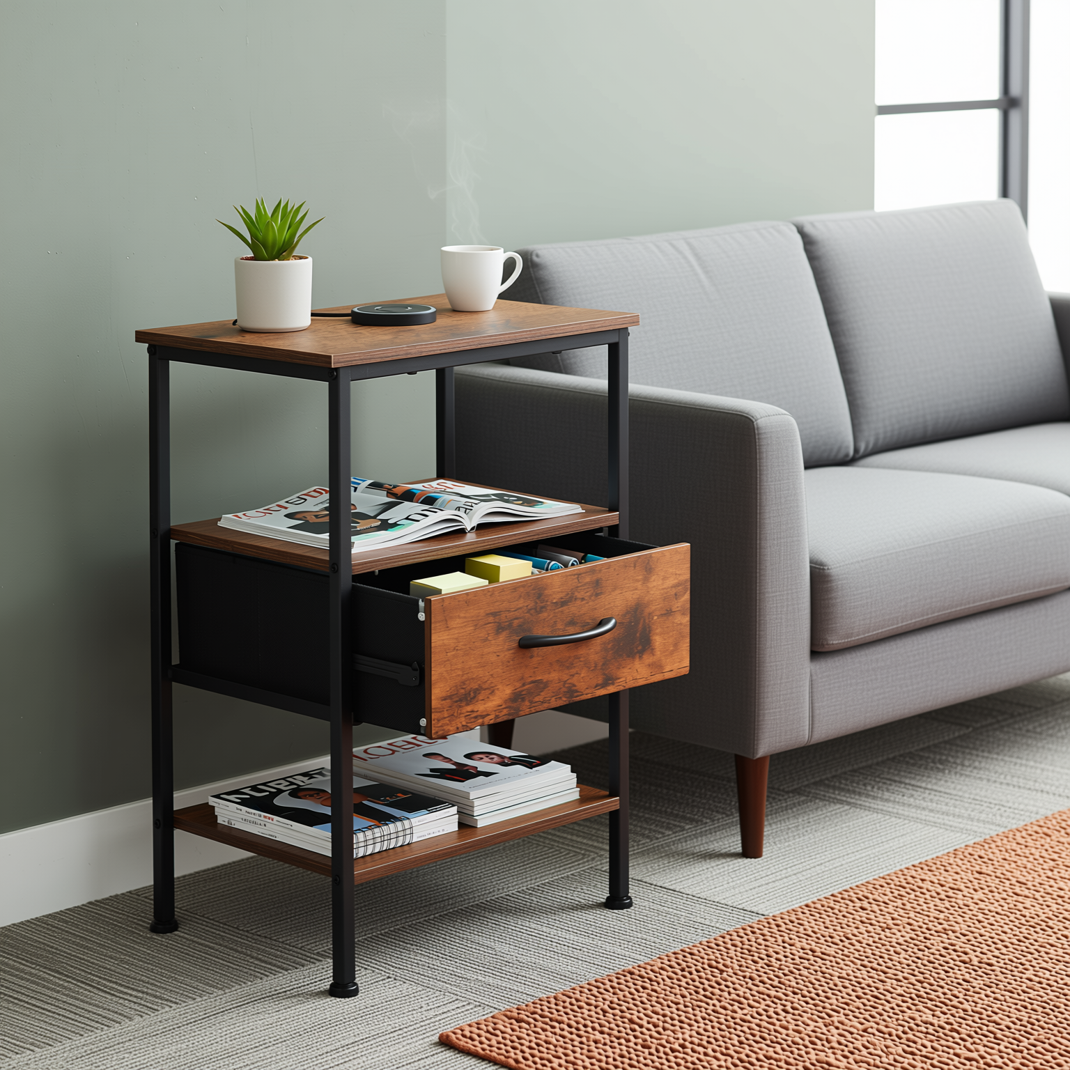 Homy Casa ANBY End Table Nightstand Storage Table with Drawer and Shelf Set of 2/4