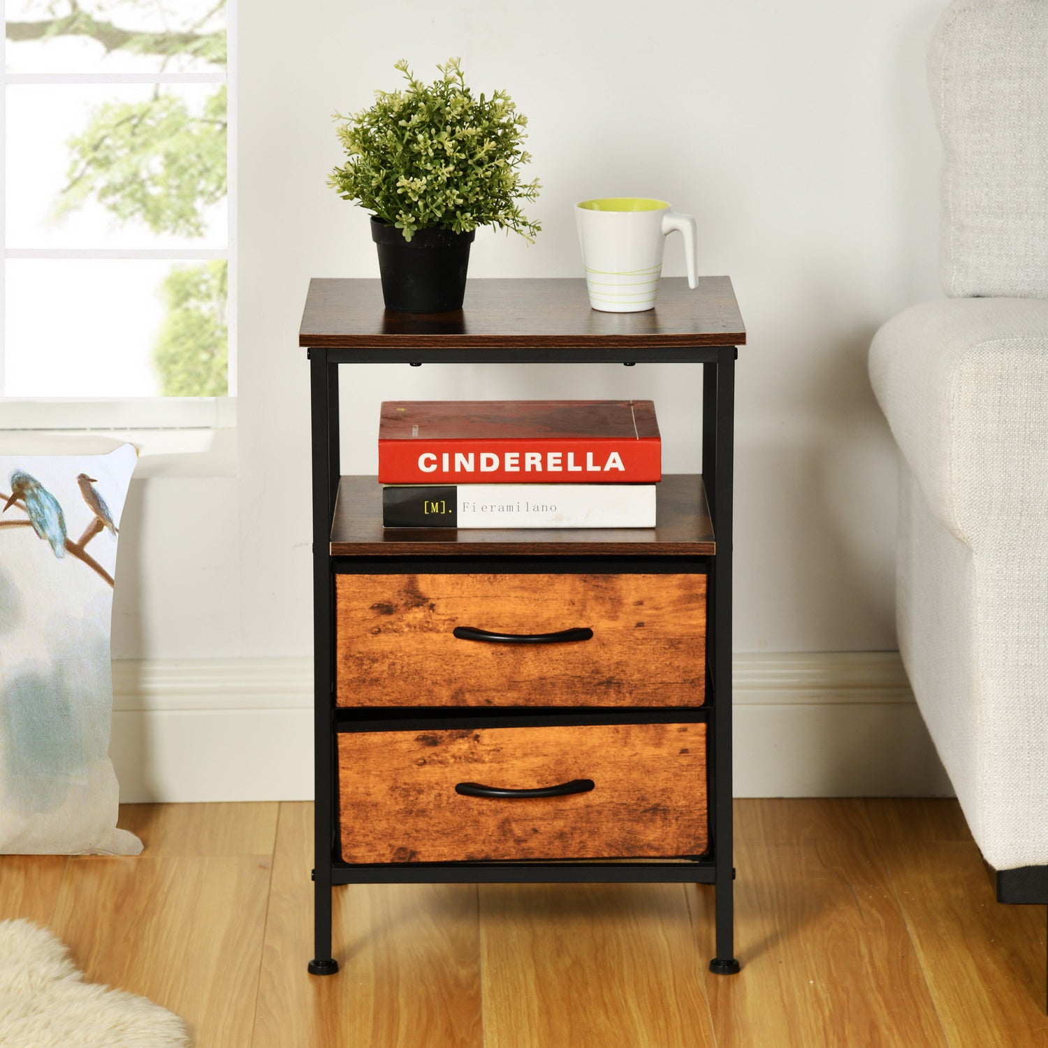 ANBY2 2PC End Table Nightstand Storage Table with 2 Drawers and Shelf