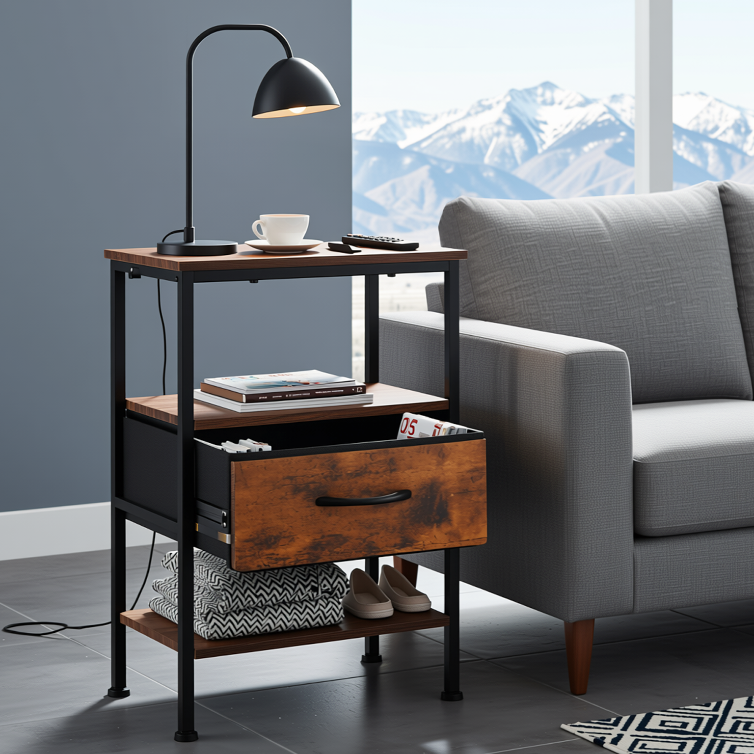 Homy Casa ANBY End Table Nightstand Storage Table with Drawer and Shelf Set of 2/4