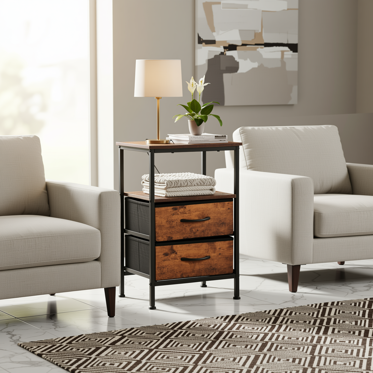 ANBY2 2PC End Table Nightstand Storage Table with 2 Drawers and Shelf