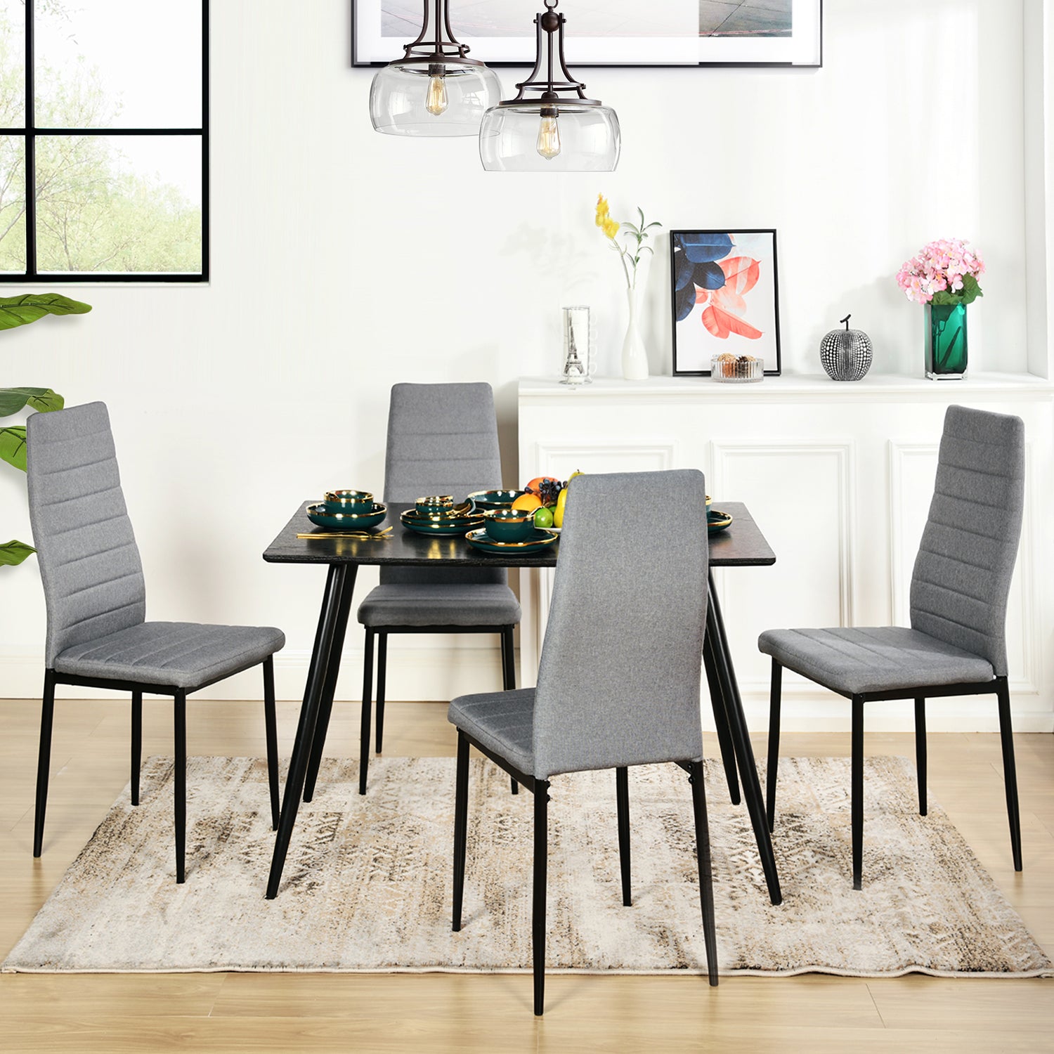 ANN Set of 4 High Back Dining Chairs, Padded Fabric Seats with Black Metal Legs, Modern Kitchen Chairs, Gray