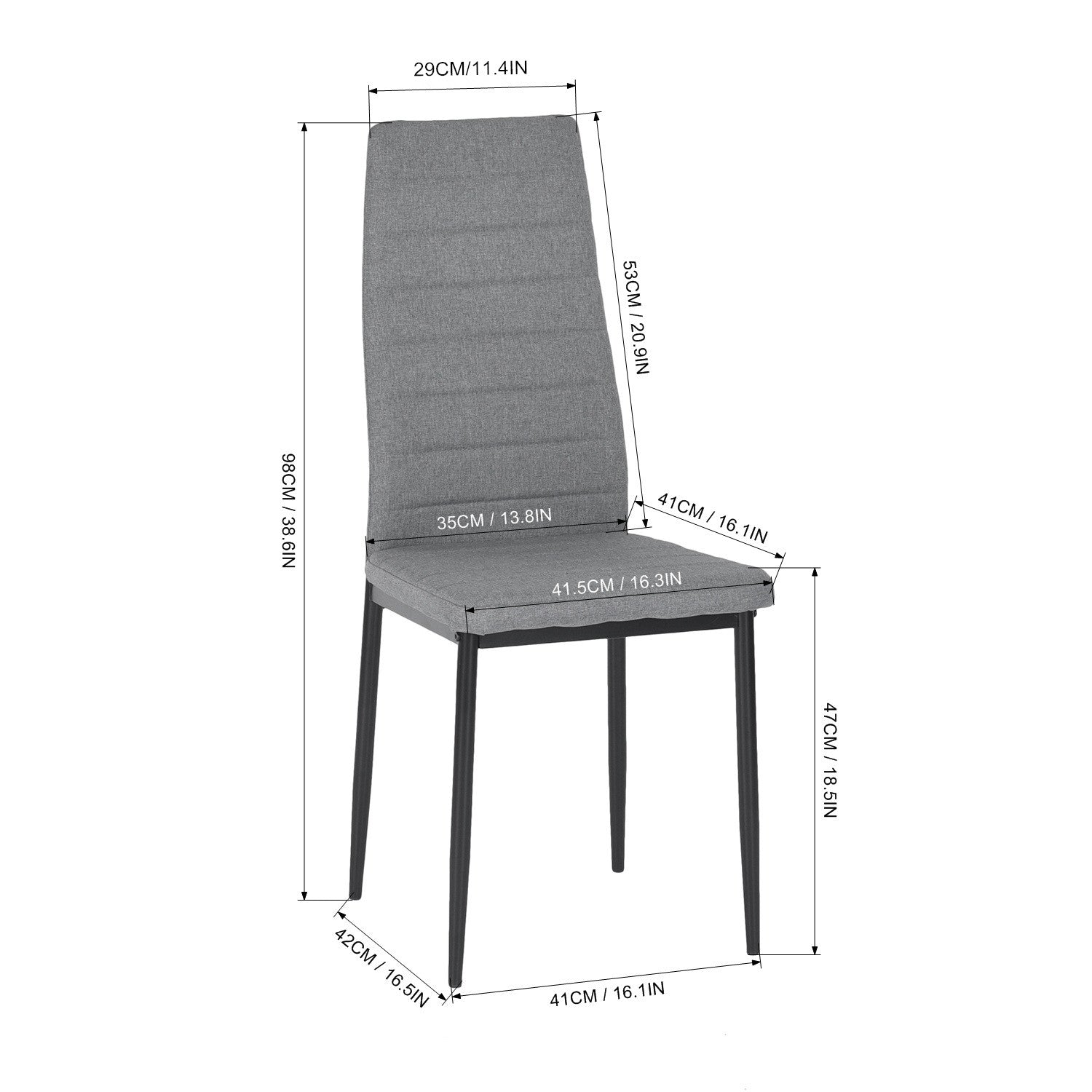 ANN Set of 4 High Back Dining Chairs, Padded Fabric Seats with Black Metal Legs, Modern Kitchen Chairs, Gray