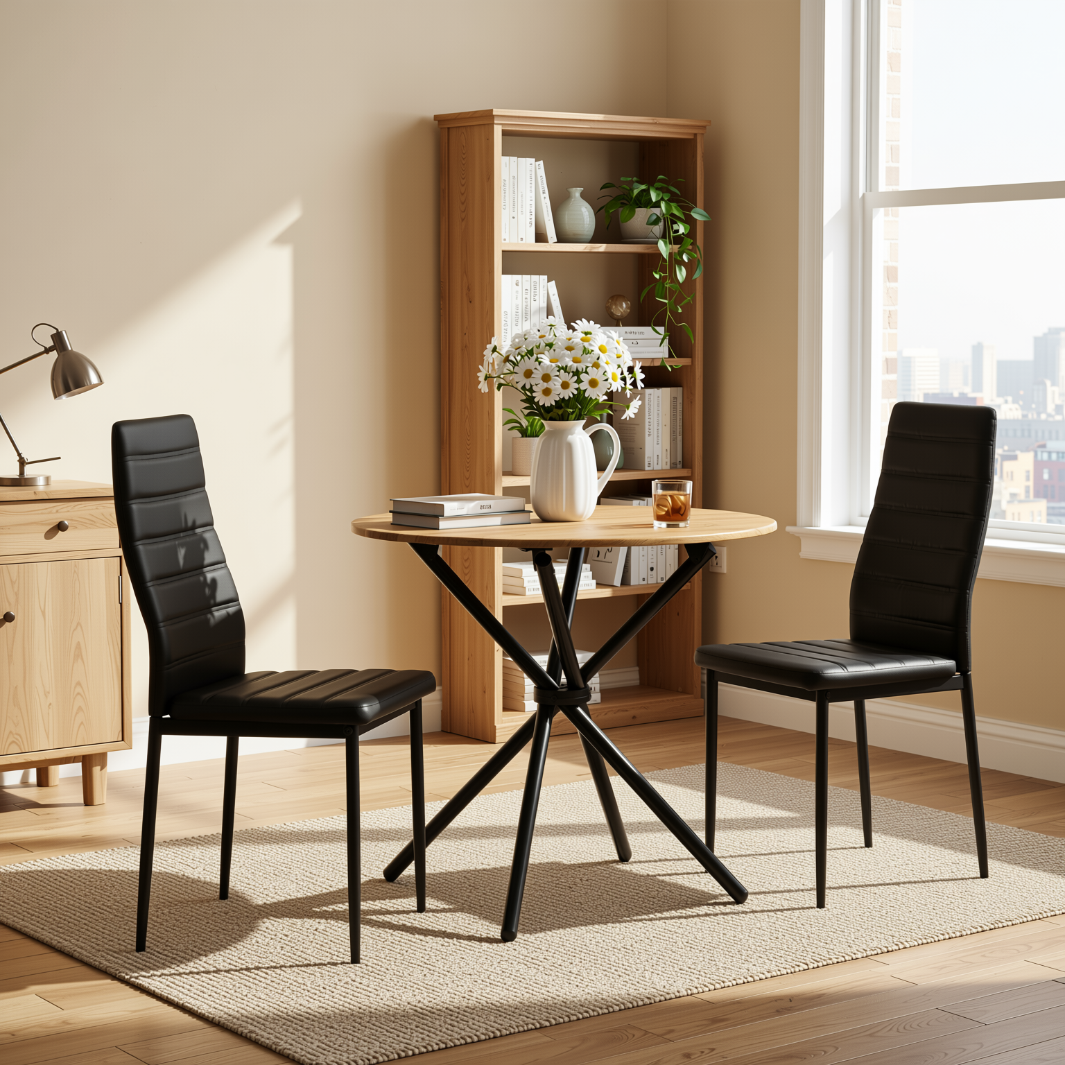 Homy Casa FONTANA 3PC Dining Set 31.5" Round Brown Table with 2 Ann Black High Back Dining Chairs for Kitchen & Dining