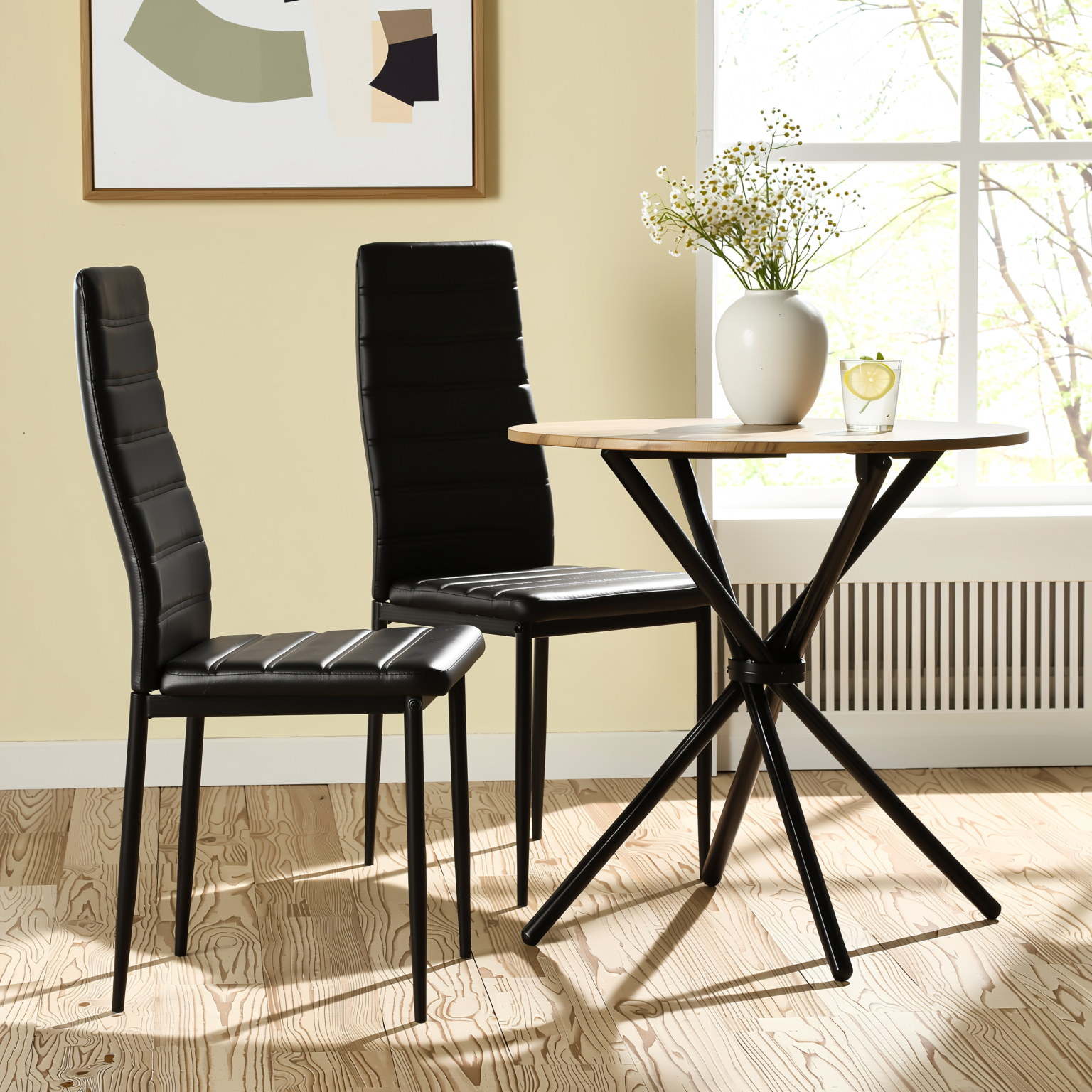 Homy Casa FONTANA 3PC Dining Set 31.5" Round Brown Table with 2 Ann Black High Back Dining Chairs for Kitchen & Dining