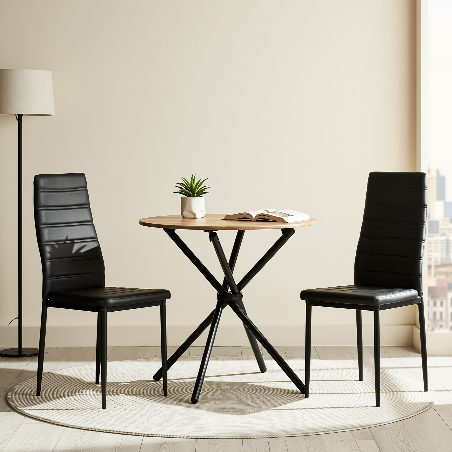 Homy Casa FONTANA 3PC Dining Set 31.5" Round Brown Table with 2 Ann Black High Back Dining Chairs for Kitchen & Dining