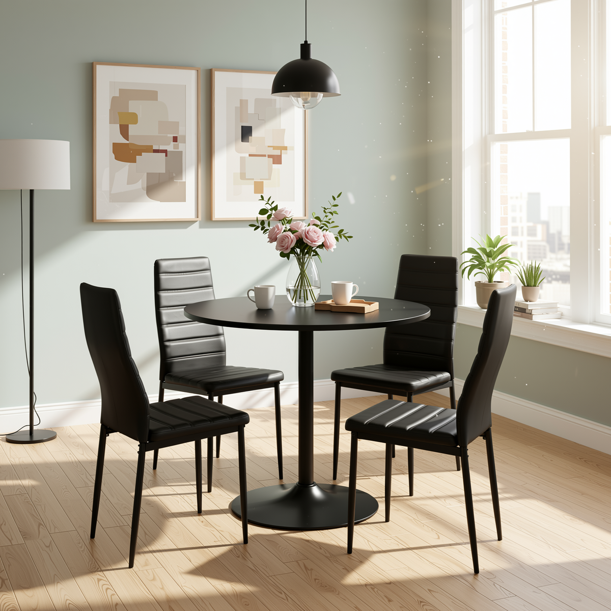 Homy Casa ANN BLACK PVC Dining Set 4PCS "Dining Chair 40.5" x 46" x 98" & Table 31.5" Round" Modern Kitchen & Dining Furniture Set