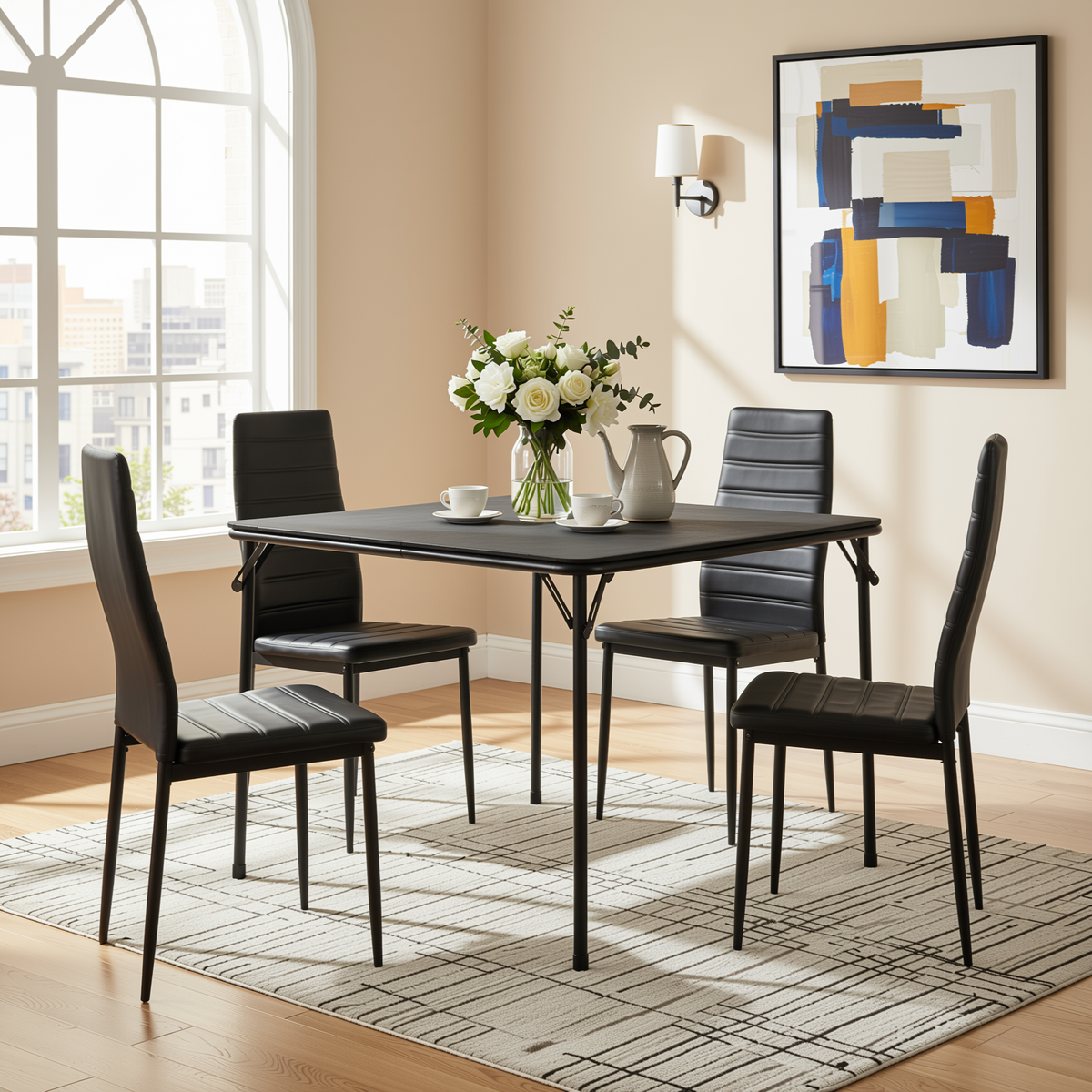 Homy Casa ANN Black PVC Dining Table Set "33.9'' x 33.9'' x 28''" for Kitchen and Dining Room