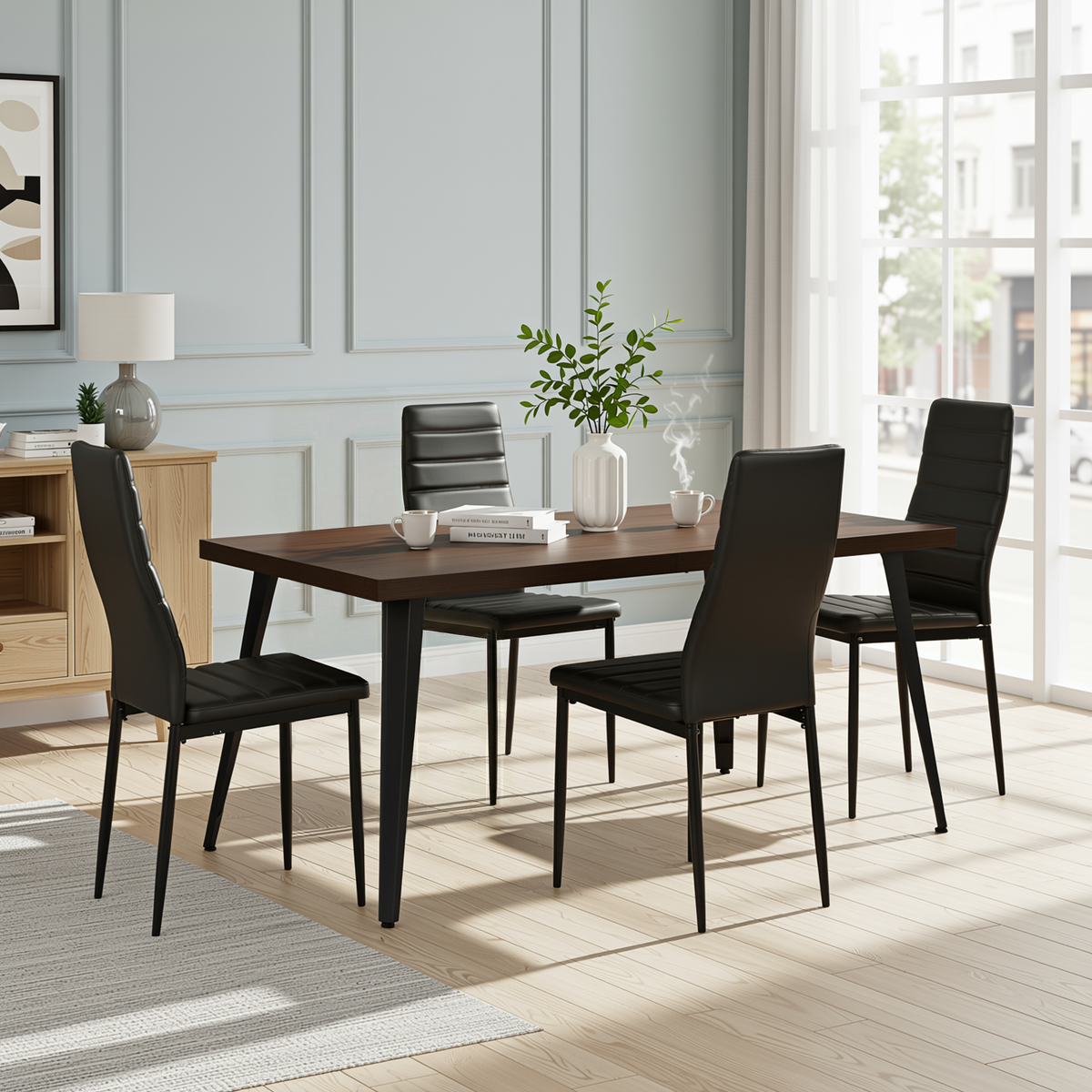Homy Casa Modern Dining Table Set with 4 Black PVC Chairs, 63" Brown Wood Grain Table, Kitchen & Dining Room Furniture