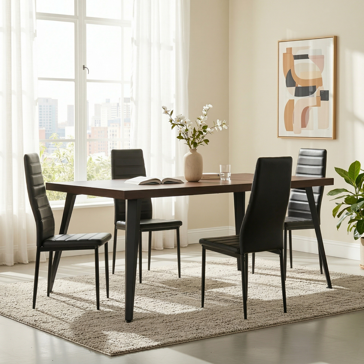 Homy Casa Modern Dining Table Set with 4 Black PVC Chairs, 63" Brown Wood Grain Table, Kitchen & Dining Room Furniture
