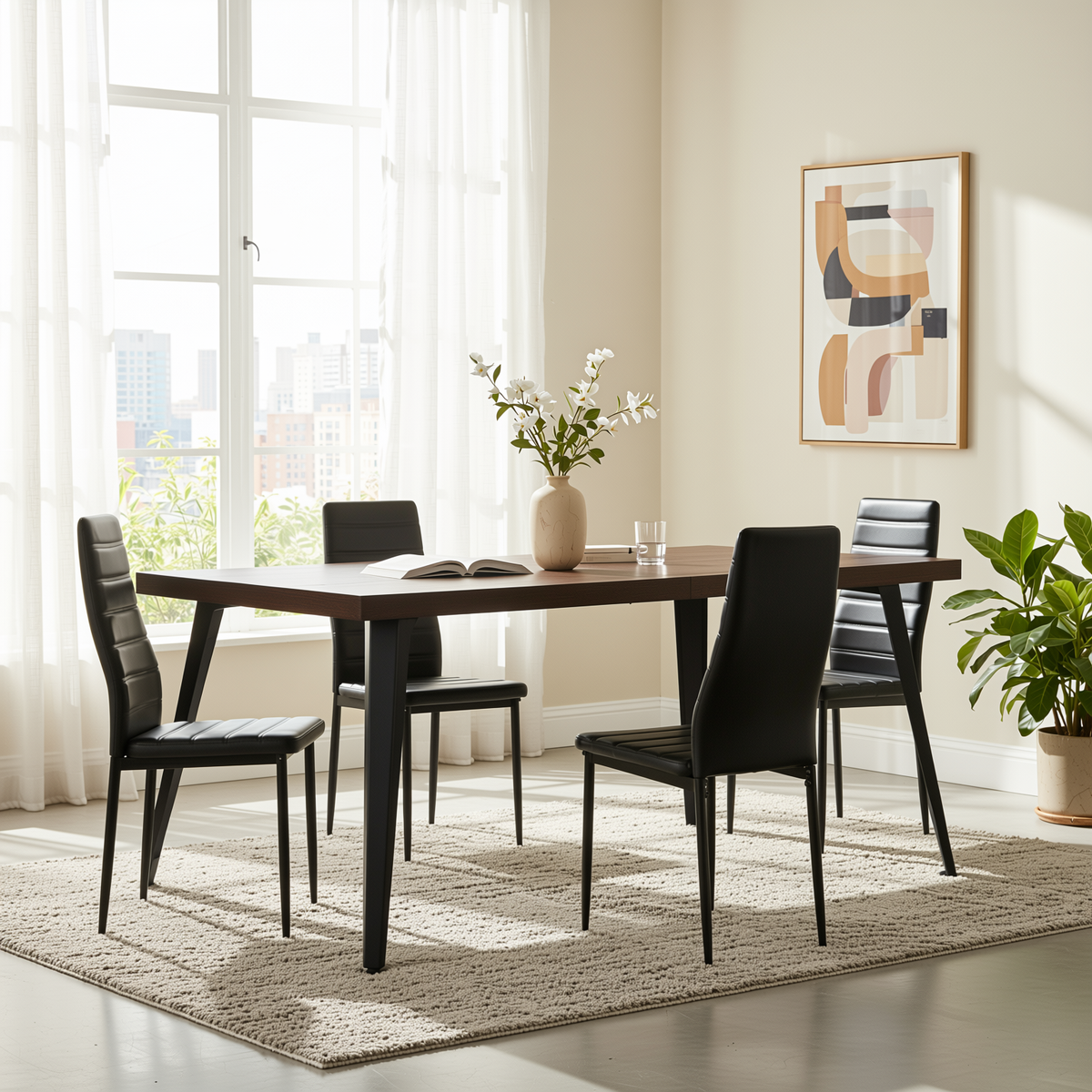 Homy Casa Modern Dining Table Set with 4 Black PVC Chairs, 63" Brown Wood Grain Table, Kitchen & Dining Room Furniture