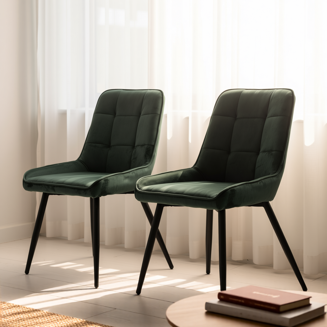 Homy Casa ARALIA 2PC GREEN Velvet Dining Chairs with Piping Details and Black Base