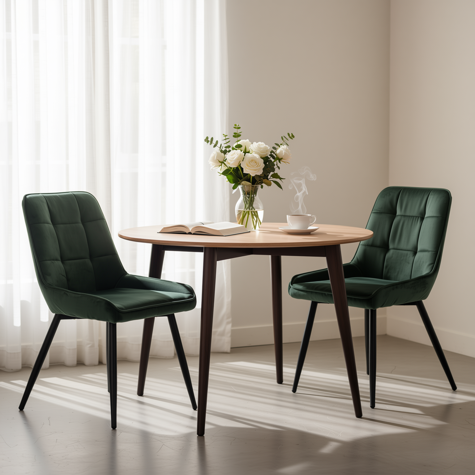 Homy Casa ARALIA 2PC GREEN Velvet Dining Chairs with Piping Details and Black Base