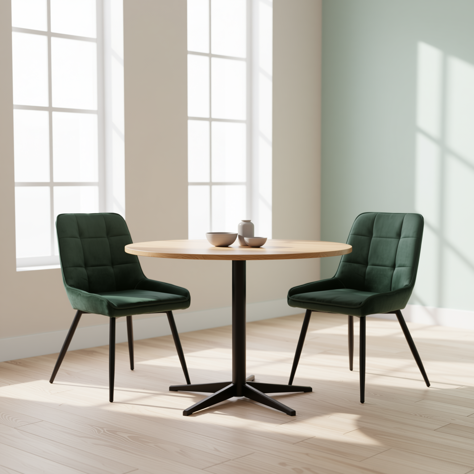 Homy Casa ARALIA 2PC GREEN Velvet Dining Chairs with Piping Details and Black Base