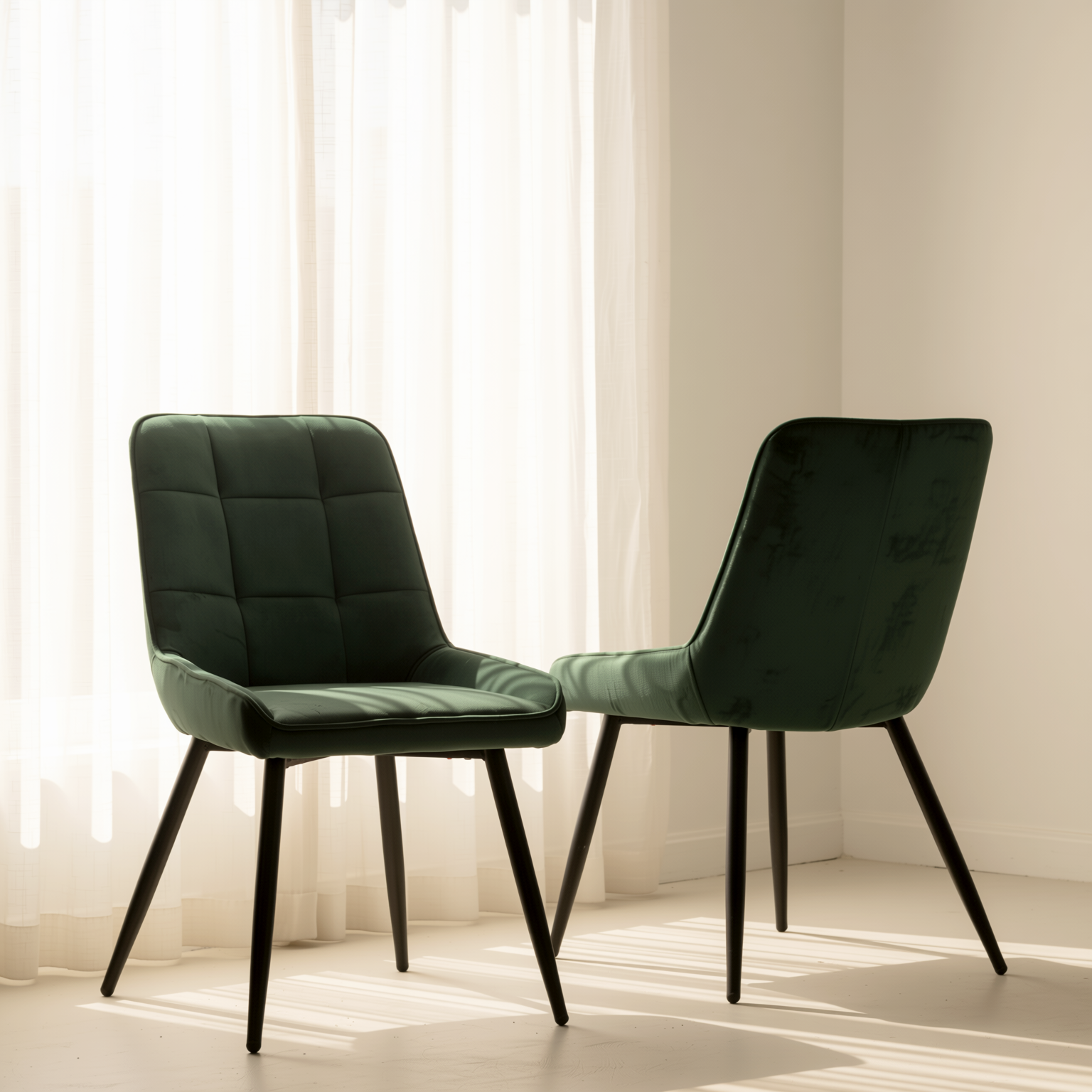 Homy Casa ARALIA 2PC GREEN Velvet Dining Chairs with Piping Details and Black Base