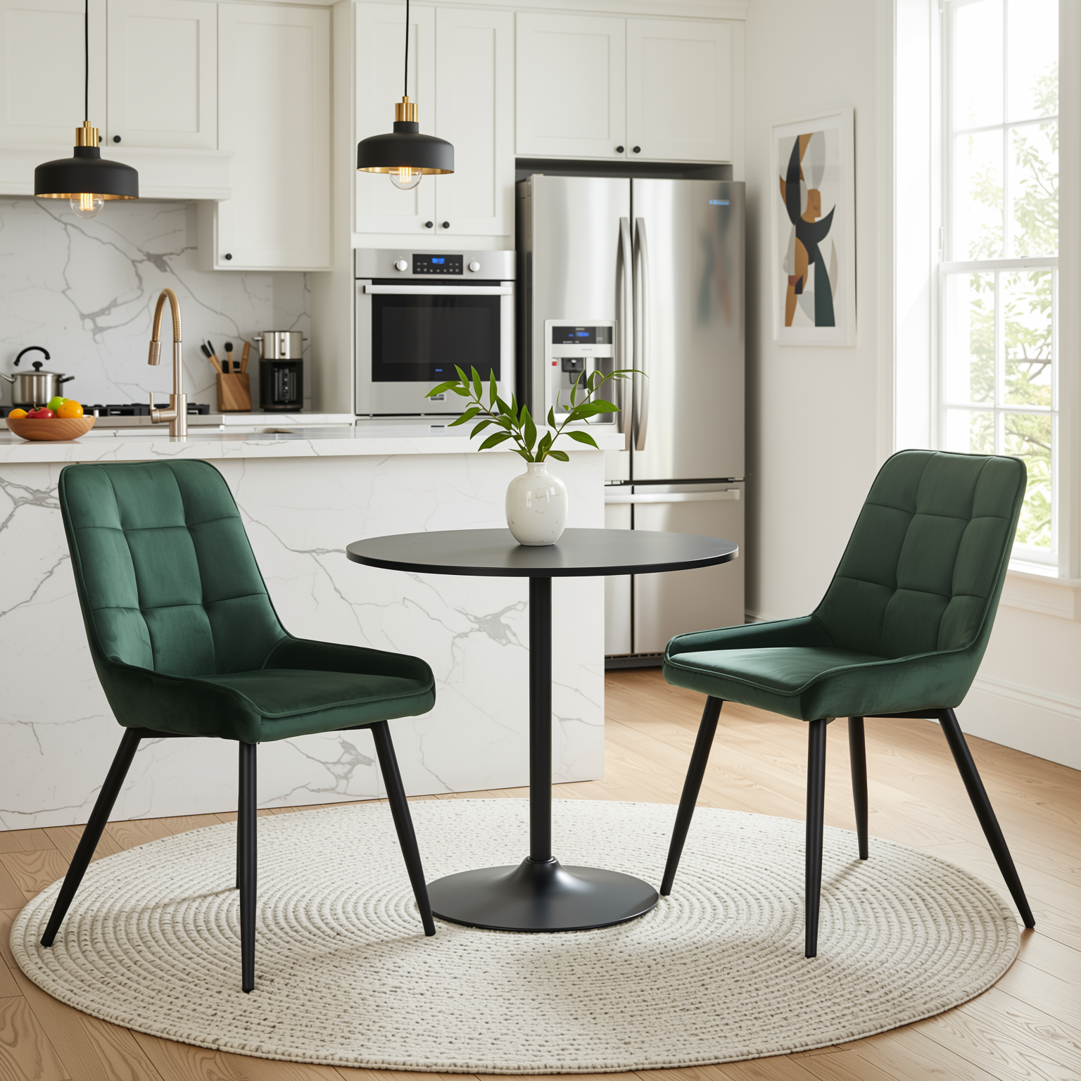 Homy Casa Clift 3PC Dining Set 31.5” Black Round Table with 2PC Aralia Velvet Green Dining Chairs