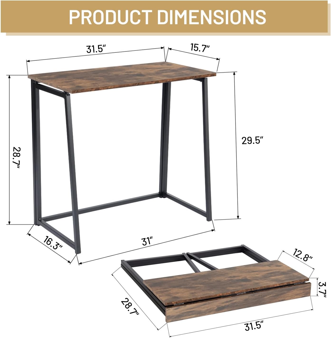 Homy Casa Ascott 31.1“ Folding Desk Computer Table with Monitor Stand, Vintage Brown
