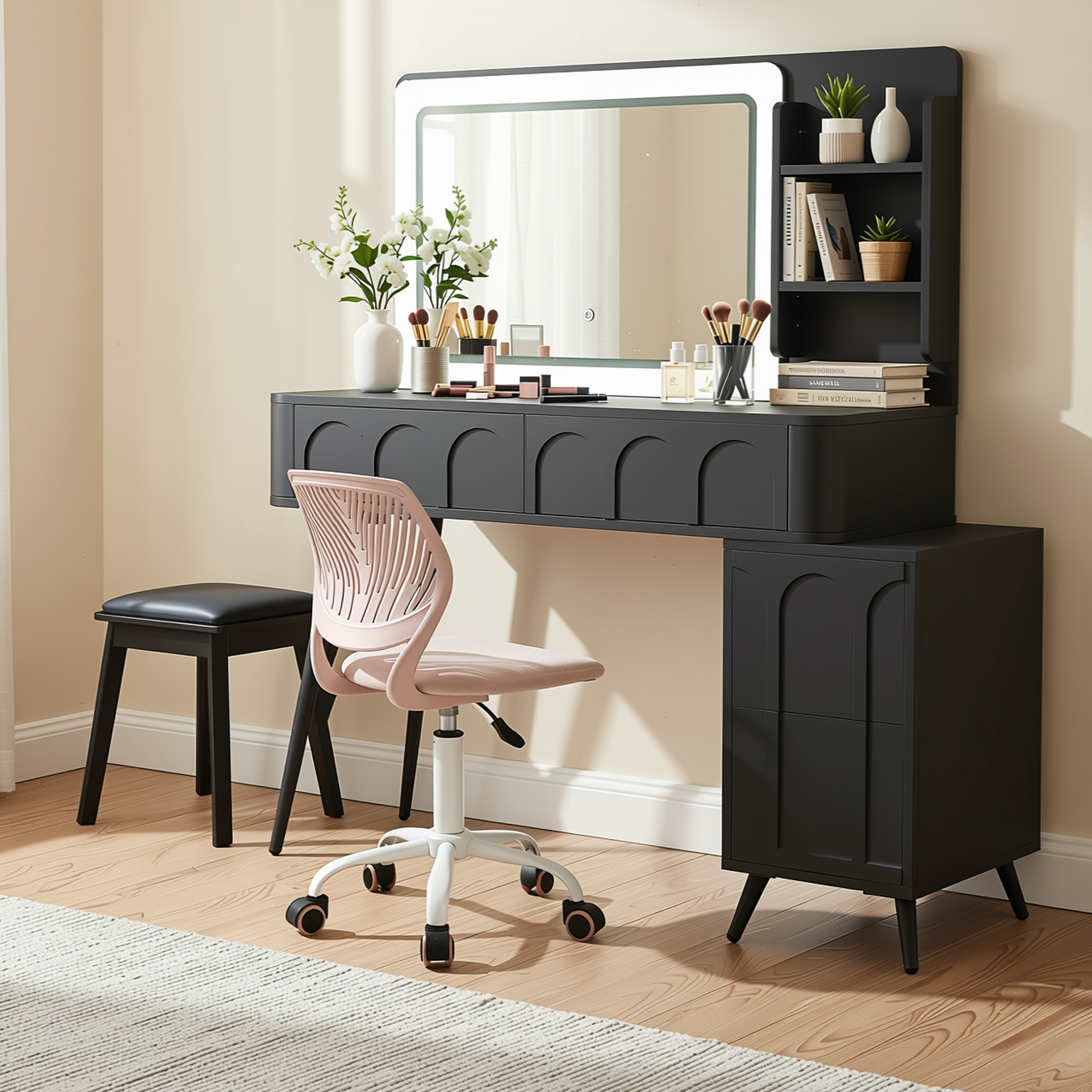 Homy Casa Aalena 40“ Modern Vanity Table Set with LED Lighted Mirror, Black