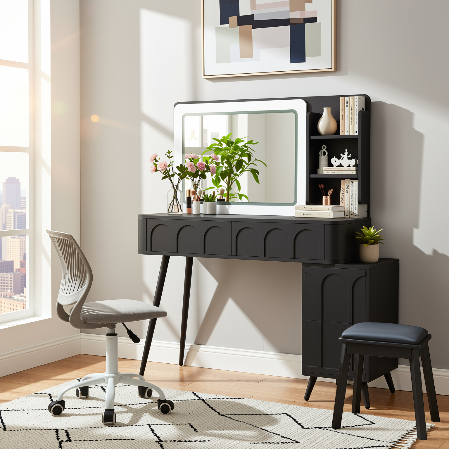 Homy Casa Aalena 40“ Modern Vanity Table Set with LED Lighted Mirror, Black