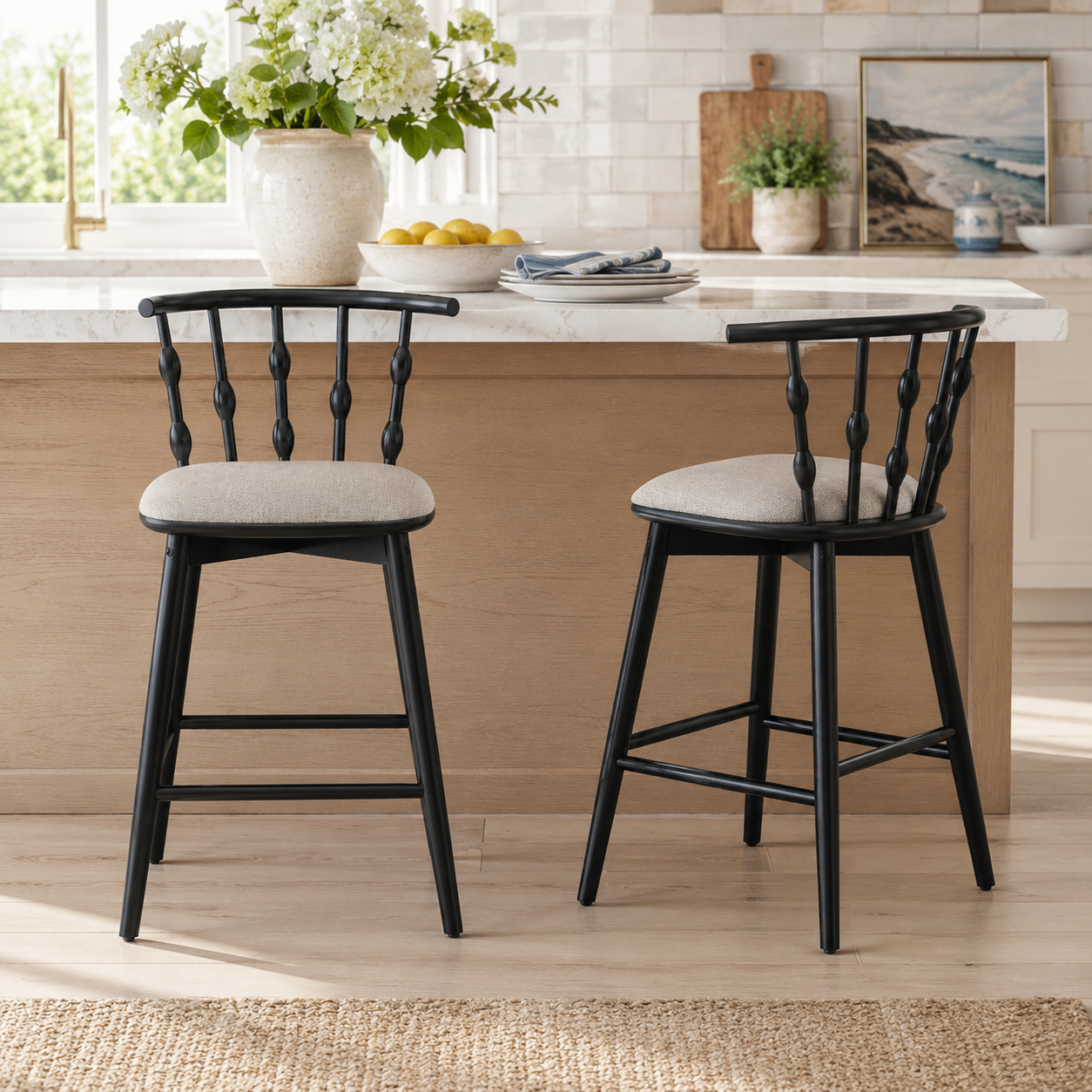 Alsace 29" Spindle Back Wooden Upholstered Bar Stools Set of 2