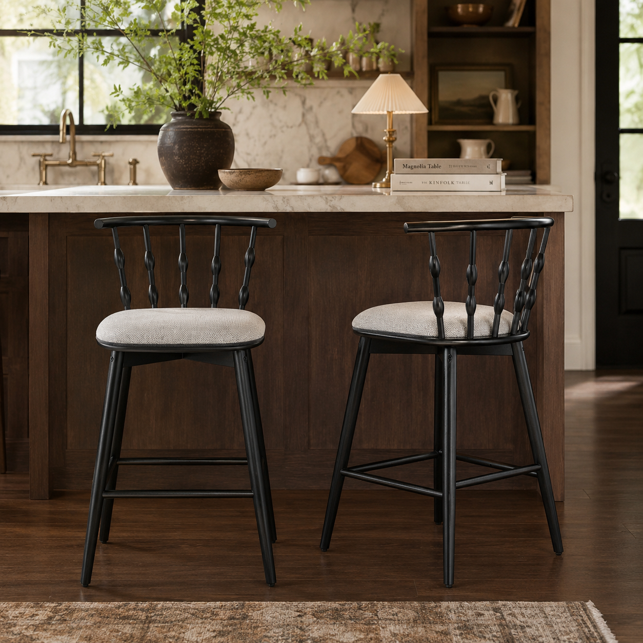 Alsace 29" Spindle Back Wooden Upholstered Bar Stools Set of 2