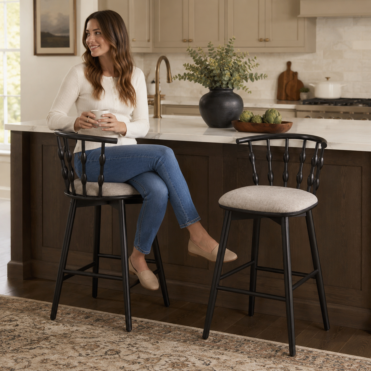 Alsace 29" Spindle Back Wooden Upholstered Bar Stools Set of 2