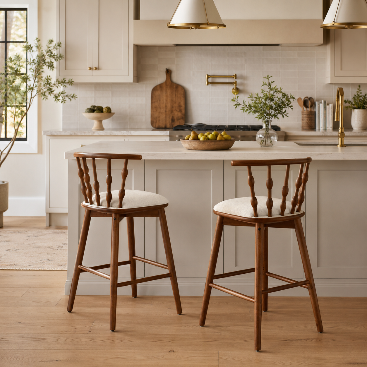 Alsace 29" Spindle Back Wooden Upholstered Bar Stools Set of 2