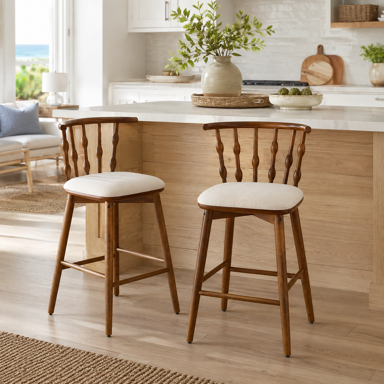 Alsace 29" Spindle Back Wooden Upholstered Bar Stools Set of 2