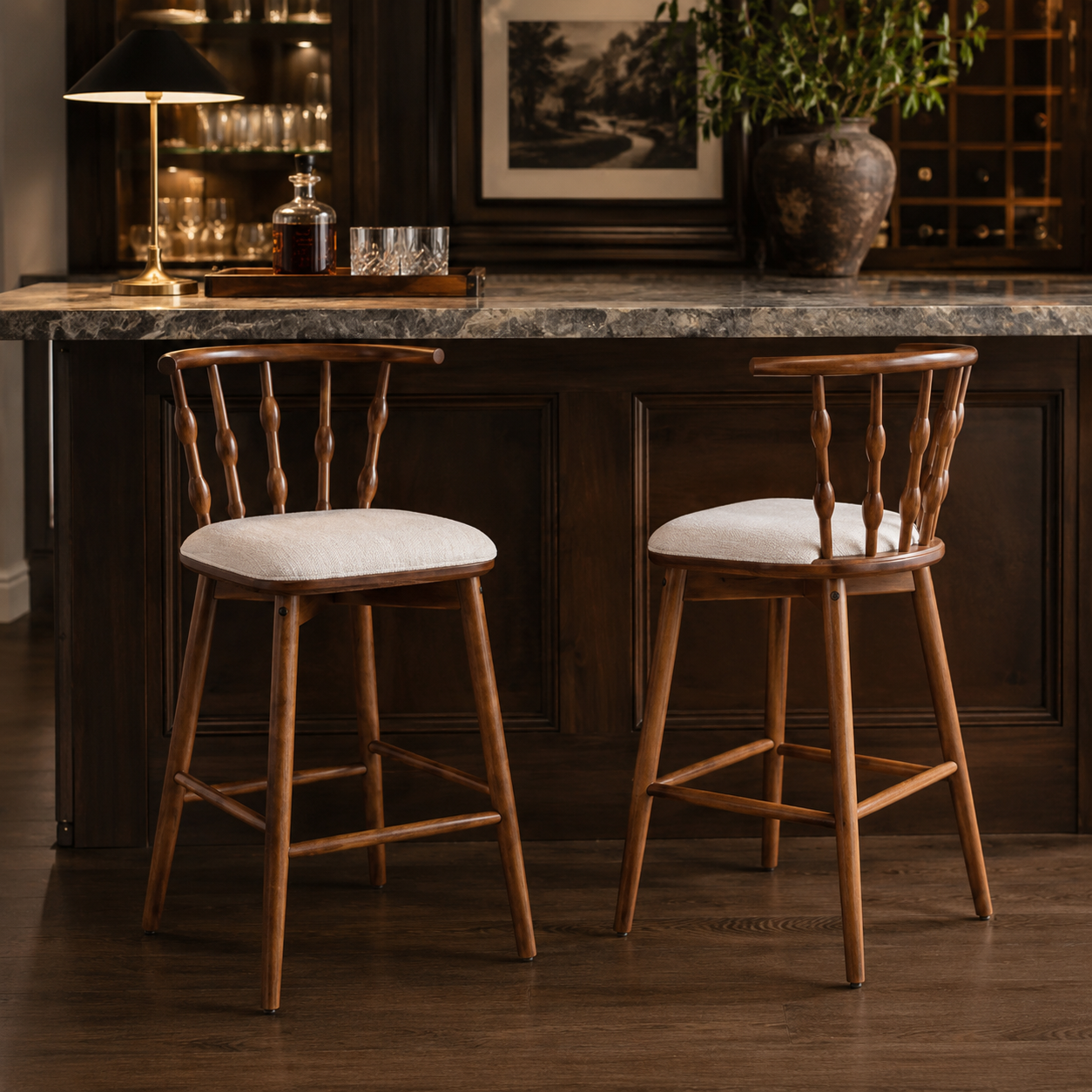 Alsace 29" Spindle Back Wooden Upholstered Bar Stools Set of 2