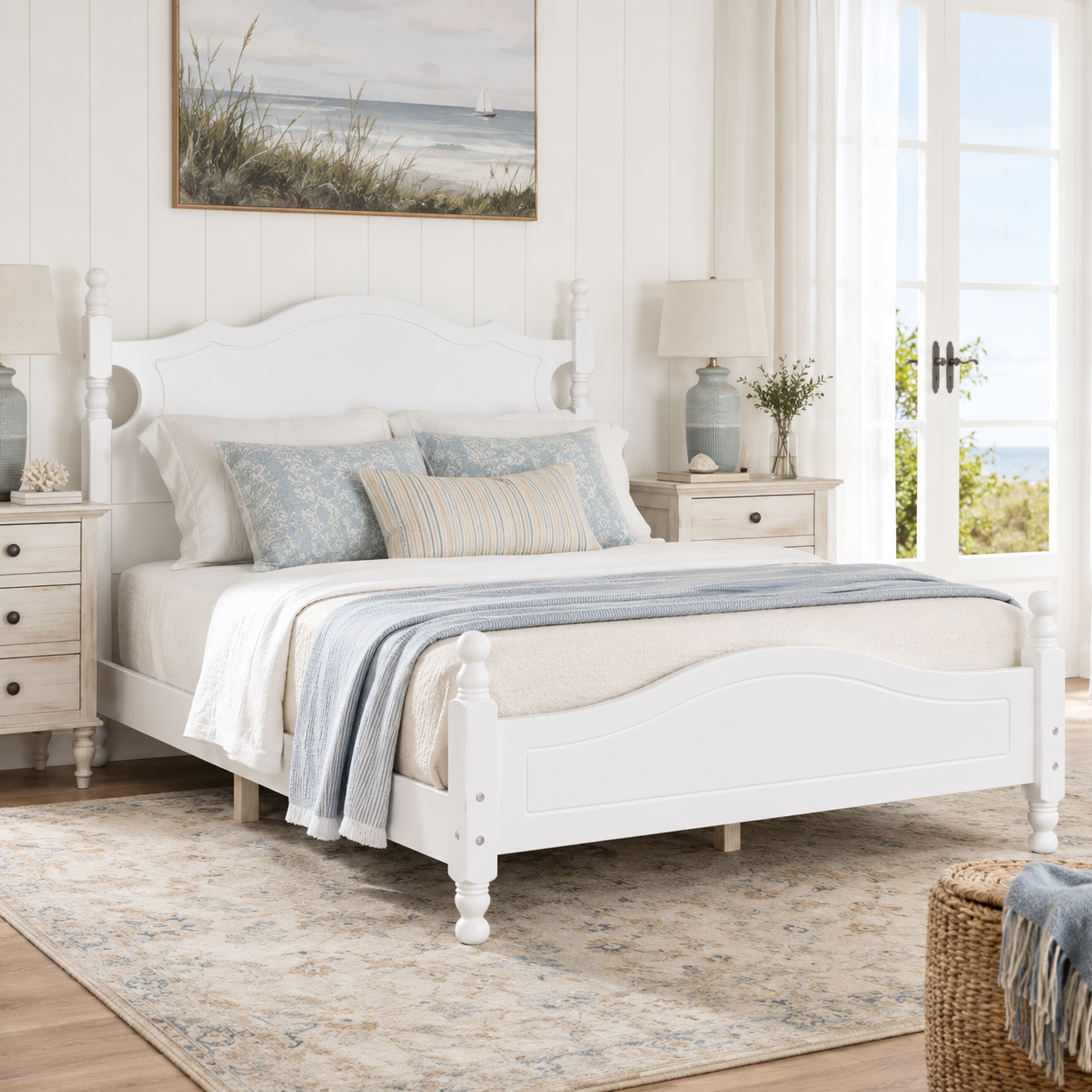 Amelie Full Solid Pine Wood Platform Bed with Scalloped Headboard
