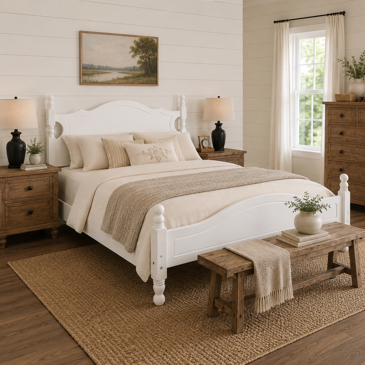 Amelie Full Solid Pine Wood Platform Bed with Scalloped Headboard